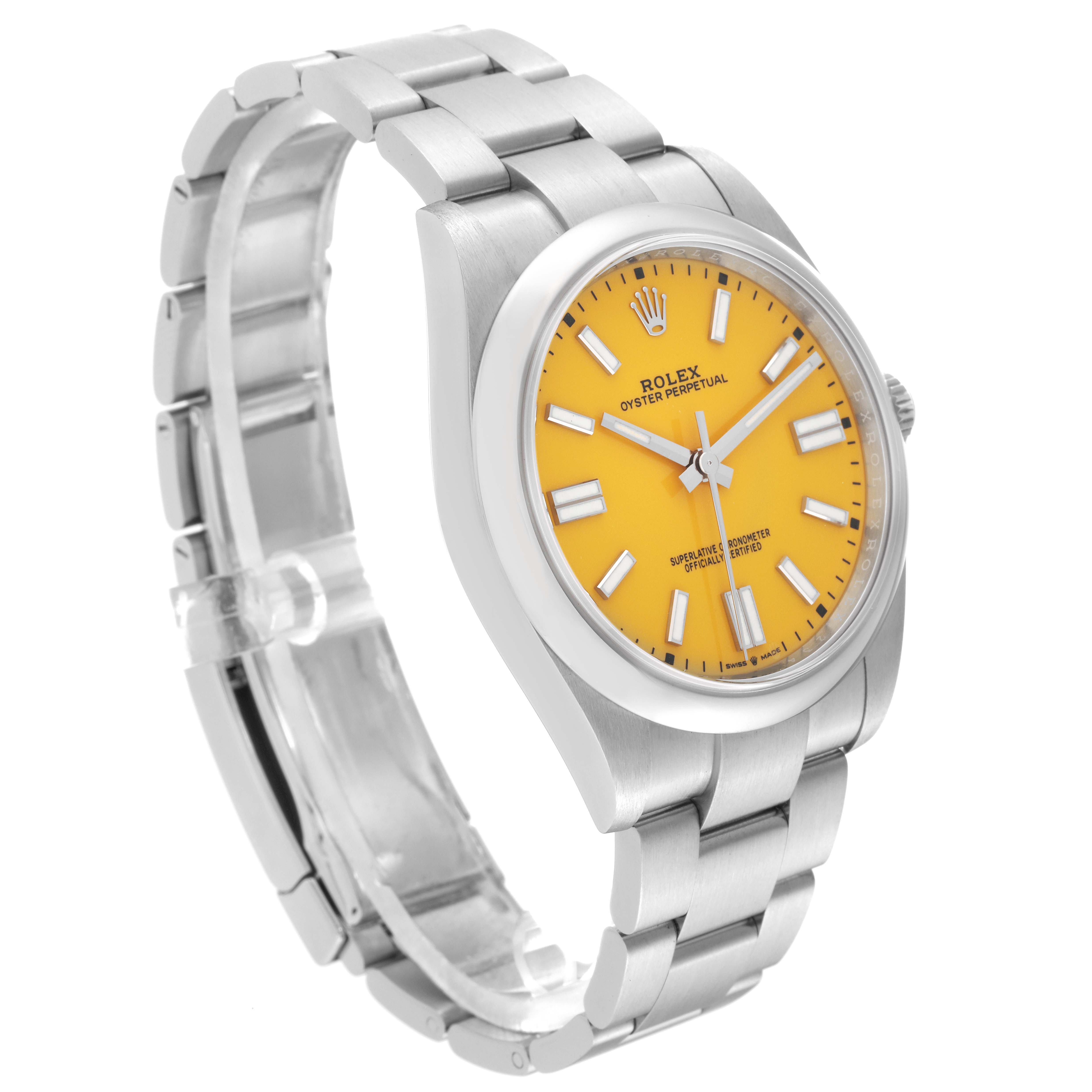 The image shows a Rolex Oyster Perpetual 124300 Men
s Stainless Steel Yellow Dial 124300 Men
s Stainless Steel Yellow Dial watch with a yellow dial, viewed from a three-quarter angle highlighting the bracelet and casing.