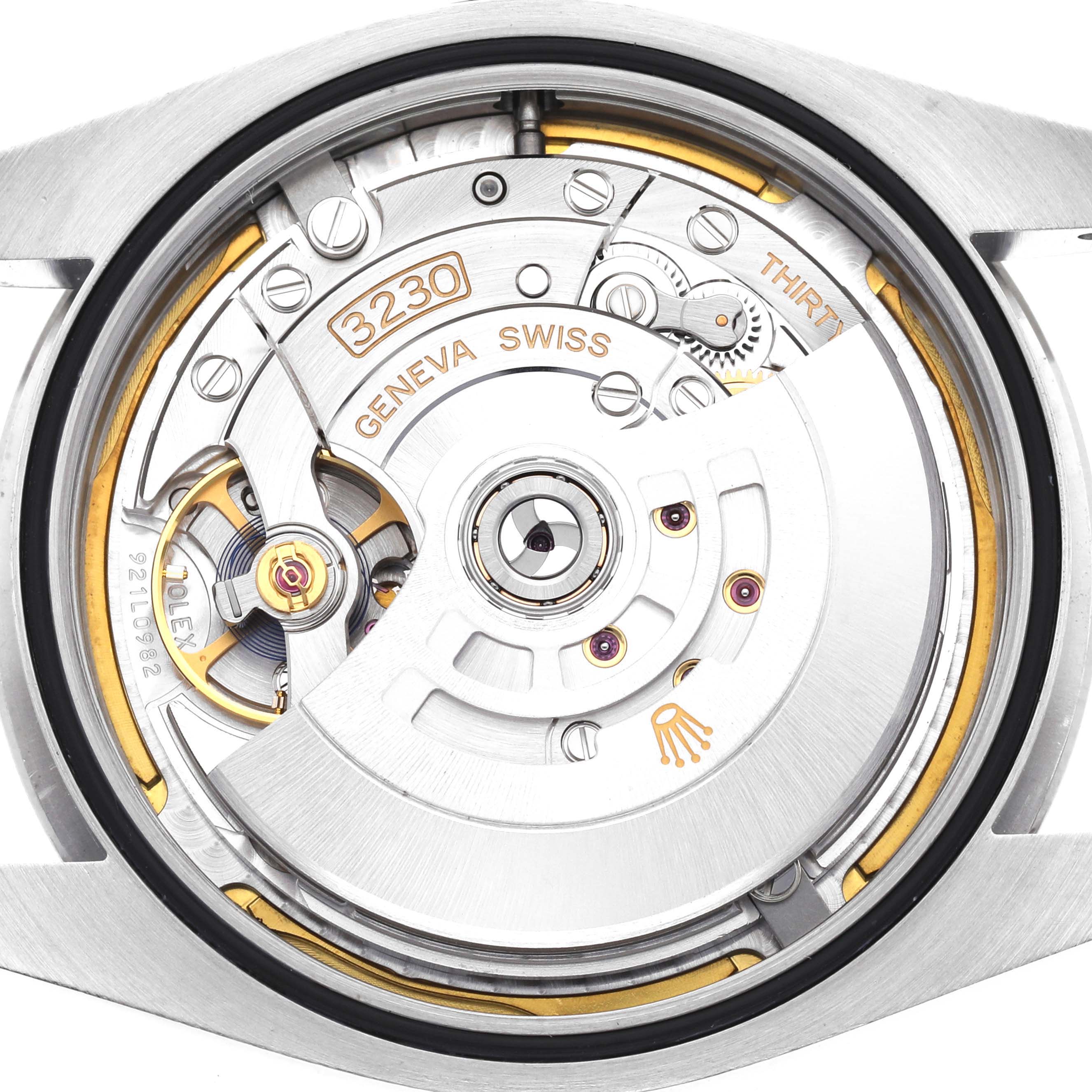 The image shows an inside view of the Rolex Oyster Perpetual 124300 Men
s Stainless Steel Yellow Dial 124300 Men
s Stainless Steel Yellow Dial model
s movement, highlighting the intricate mechanical components.