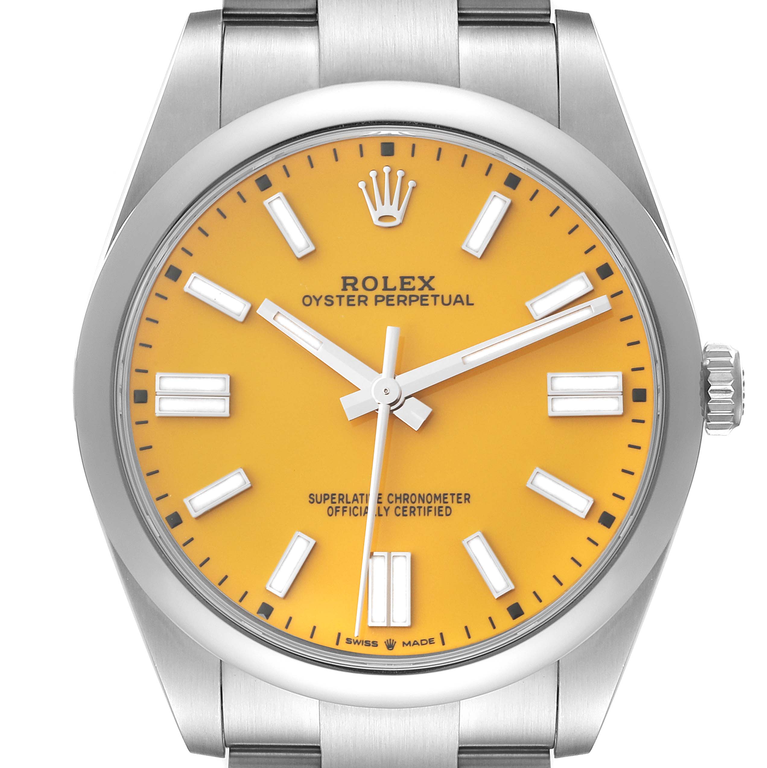 The Rolex Oyster Perpetual 124300 Men
s Stainless Steel Yellow Dial 124300 Men
s Stainless Steel Yellow Dial watch is shown from the front, displaying the face, crown, and a portion of the stainless steel strap.