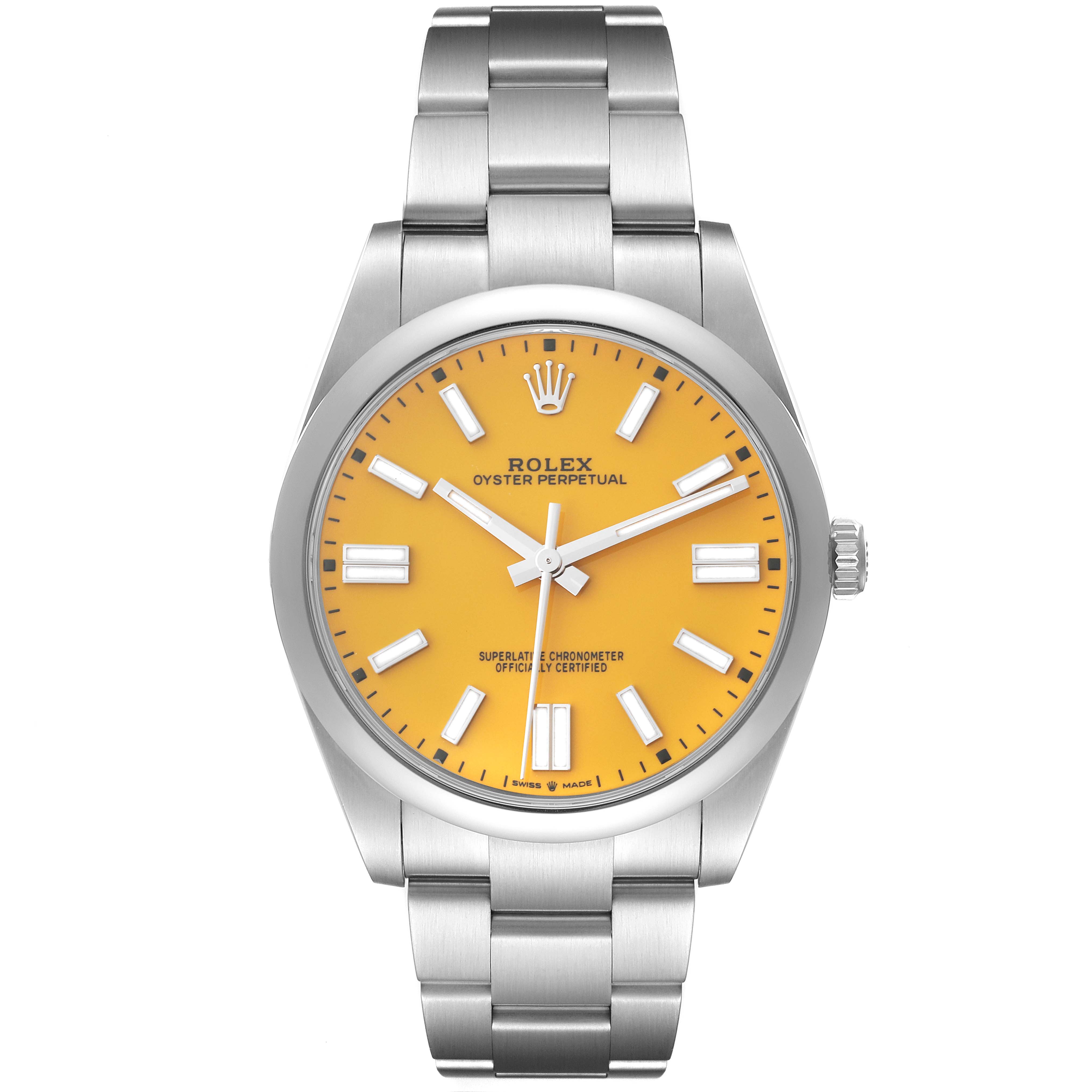 This is a front-facing view of the Rolex Oyster Perpetual 124300 Men
s Stainless Steel Yellow Dial 124300 Men
s Stainless Steel Yellow Dial watch, displaying its yellow dial, metal band, and three hands.