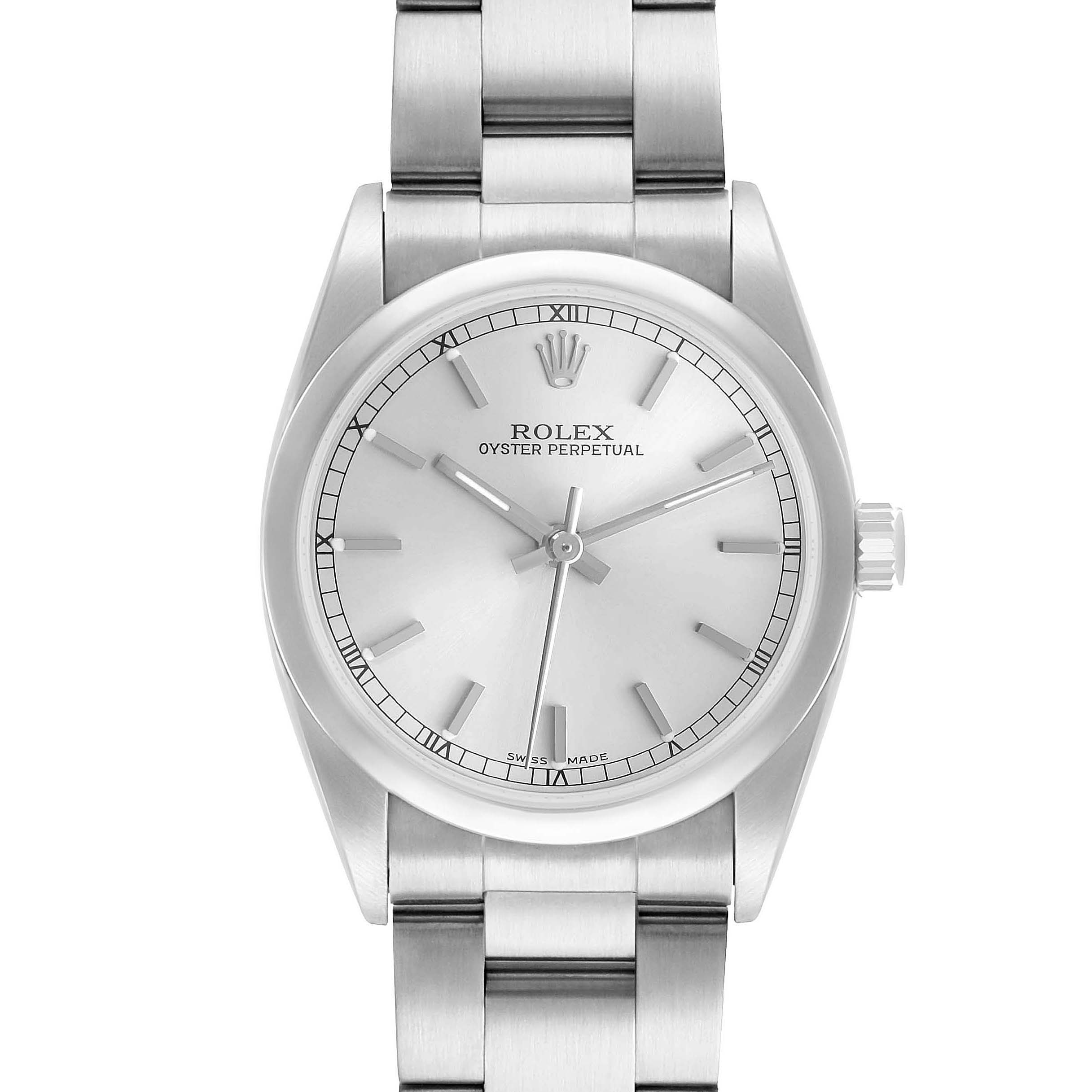 The Rolex Oyster Perpetual 77080 Women's Stainless Steel Silver Dial watch is shown from a top-down angle, displaying the full face, bezel, and part of the bracelet.