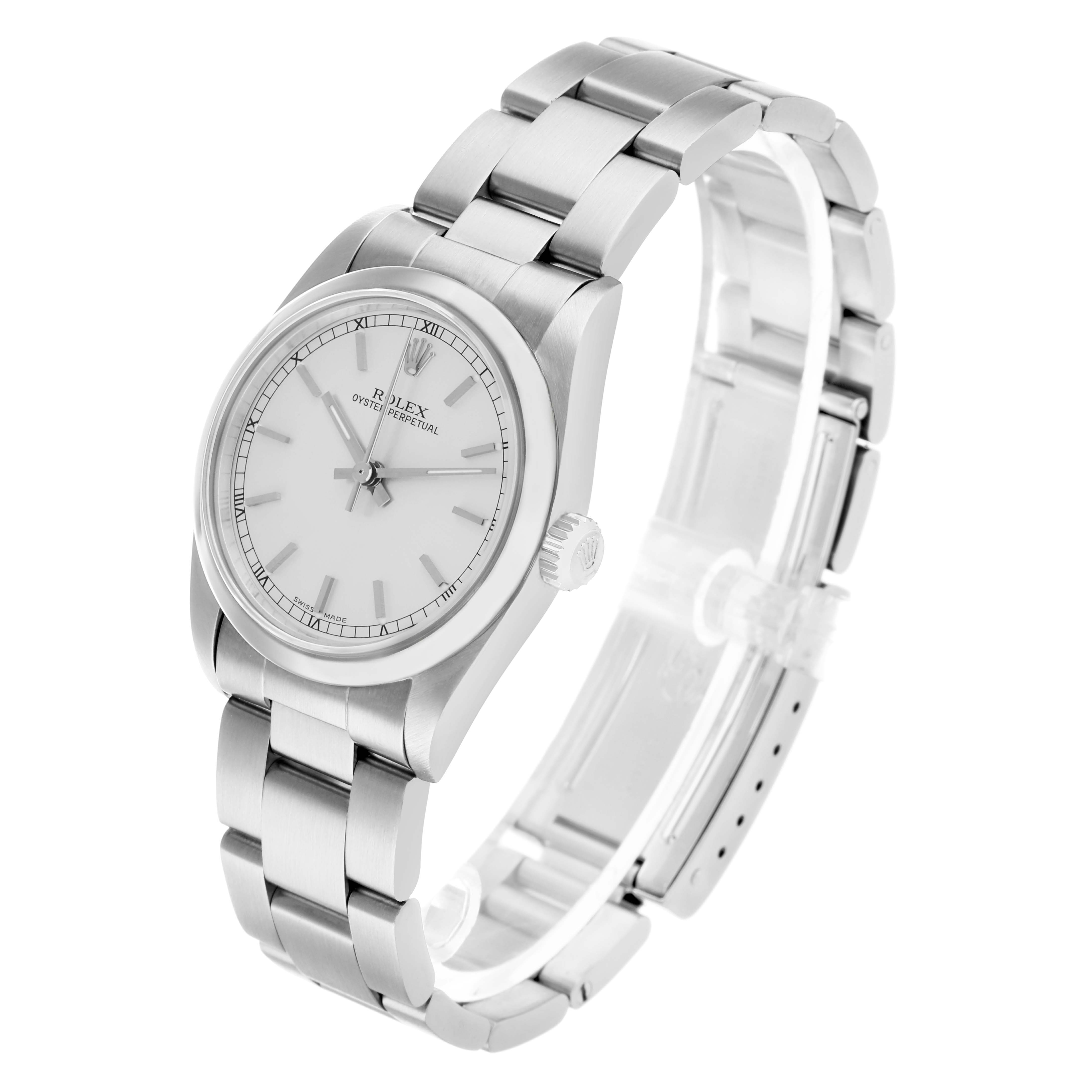 The Rolex Oyster Perpetual 77080 Women's Stainless Steel Silver Dial watch is shown at a three-quarter angle, highlighting the dial, bracelet, and side crown.
