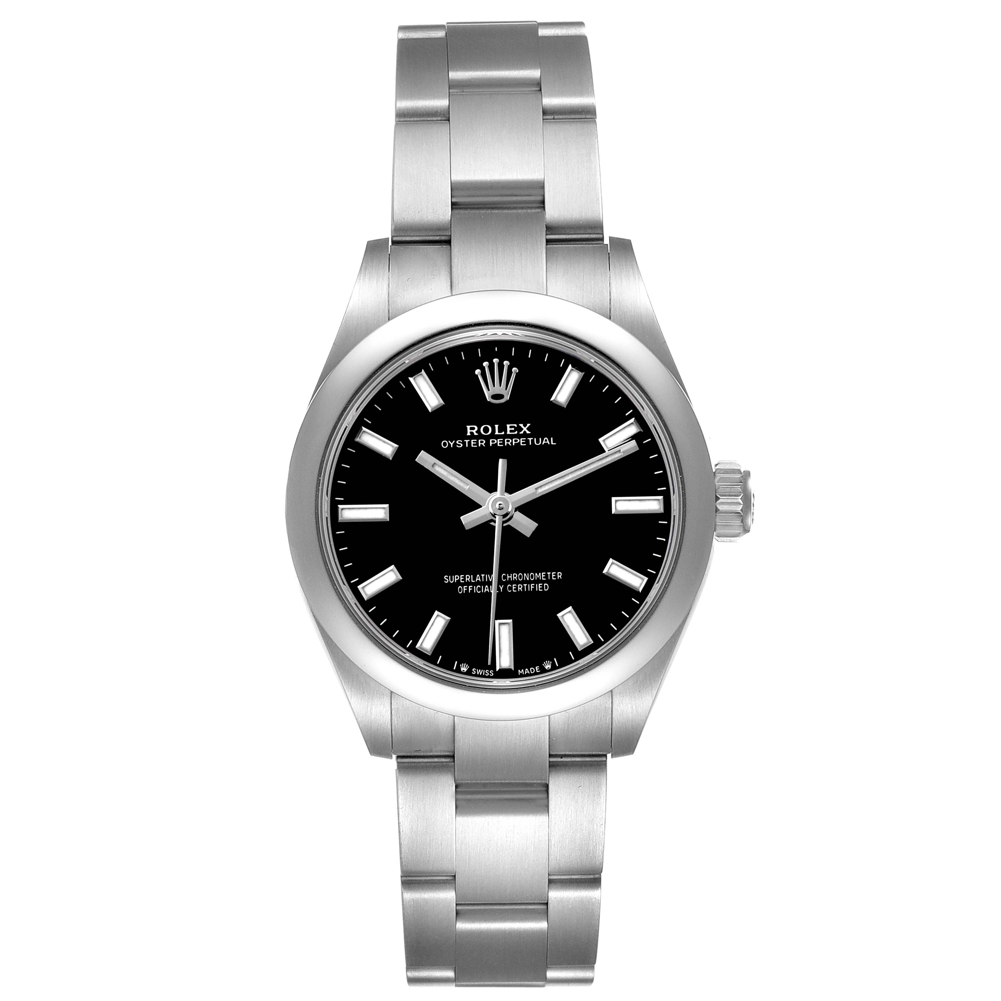The Rolex Oyster Perpetual 276200 Women's Stainless Steel Black Dial watch is shown from a front angle, displaying the face, bezel, and bracelet.