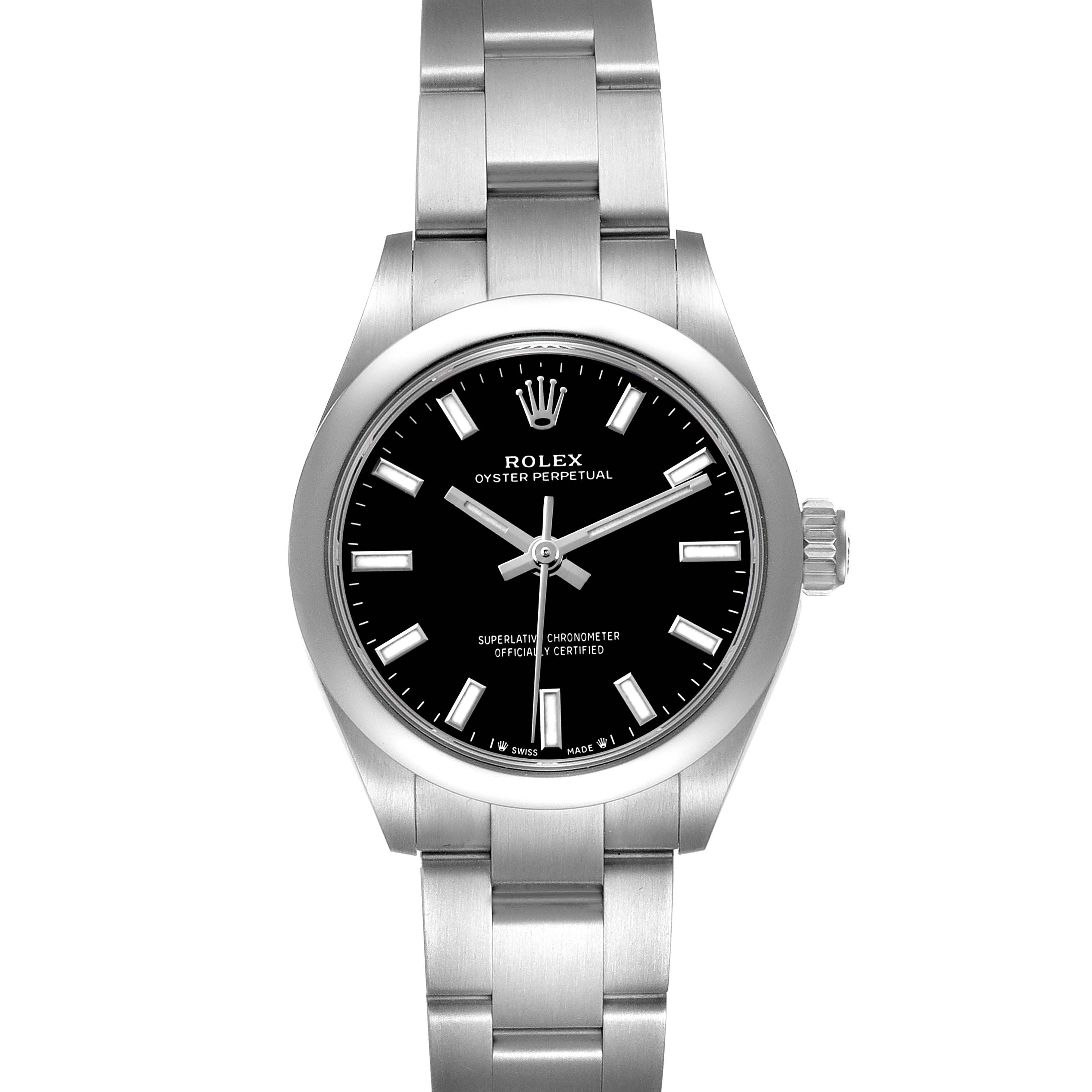 The Rolex Oyster Perpetual 276200 Women's Stainless Steel Black Dial watch is shown from a front angle, displaying the dial, bezel, bracelet, and crown.