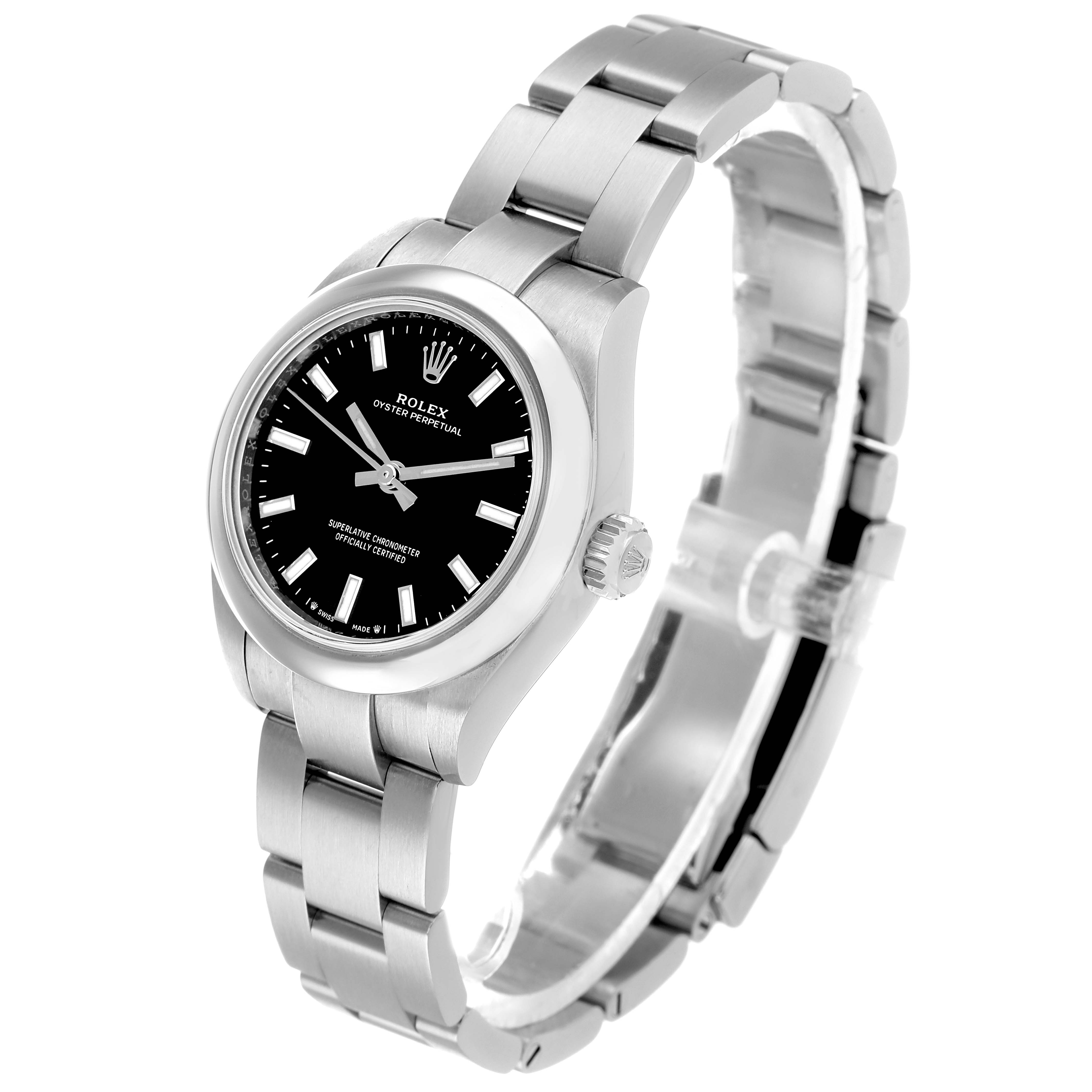 The image shows a Rolex Oyster Perpetual 276200 Women's Stainless Steel Black Dial from a three-quarter angle, displaying the watch face, case, crown, and bracelet.