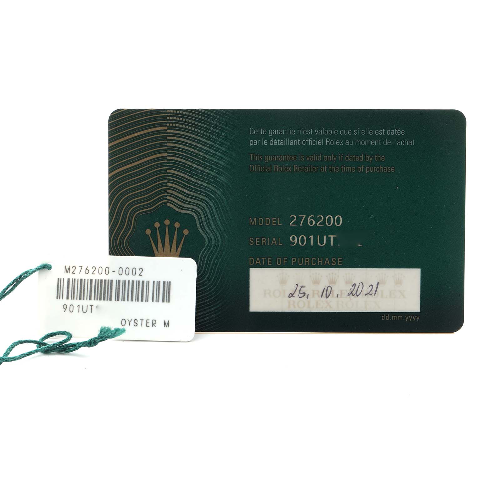 The image shows a Rolex Oyster Perpetual 276200 Women's Stainless Steel Black Dial model card with serial information and purchase date, alongside a tag with model details.