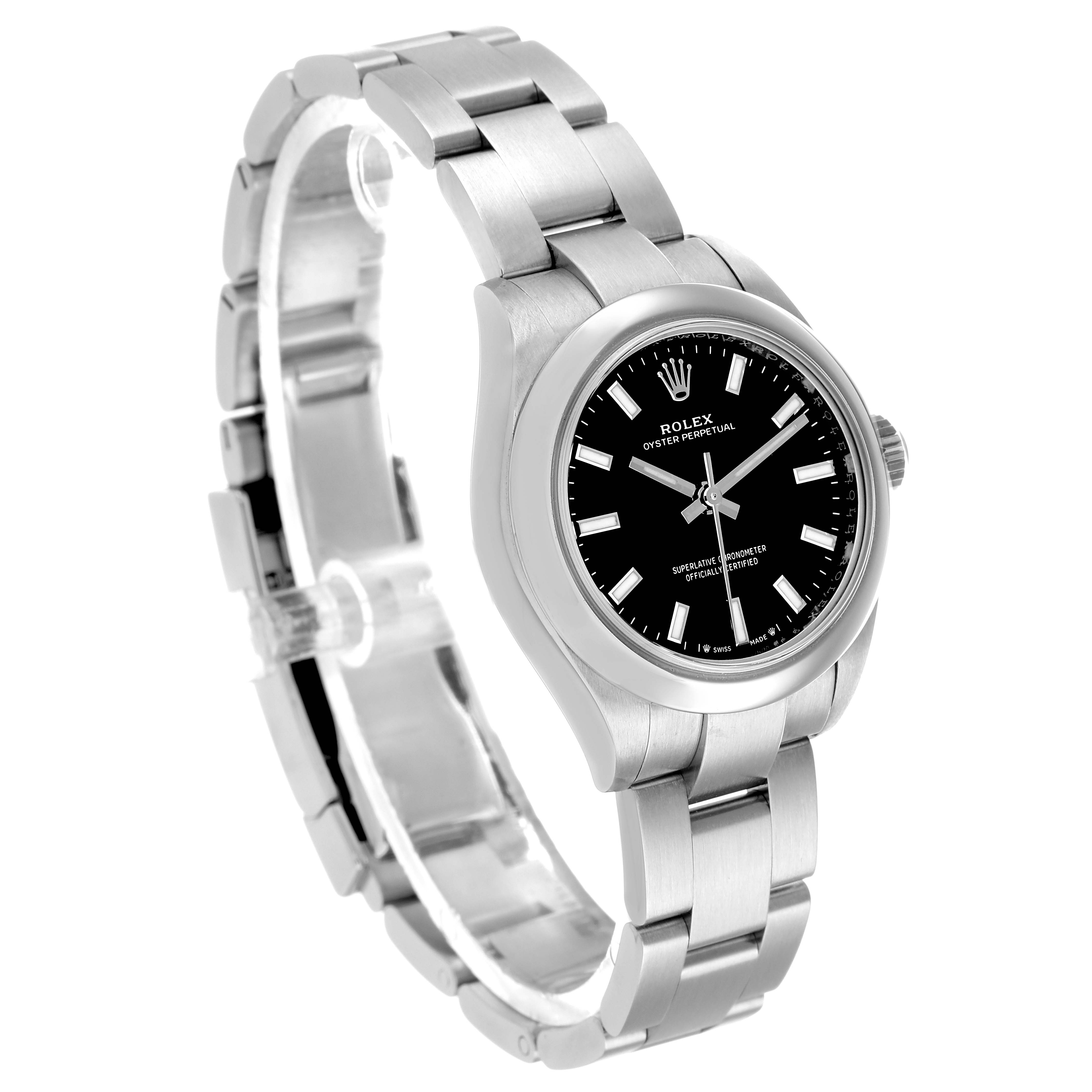 The Rolex Oyster Perpetual 276200 Women's Stainless Steel Black Dial watch is shown from a side angle, highlighting the face, bezel, bracelet, and crown.