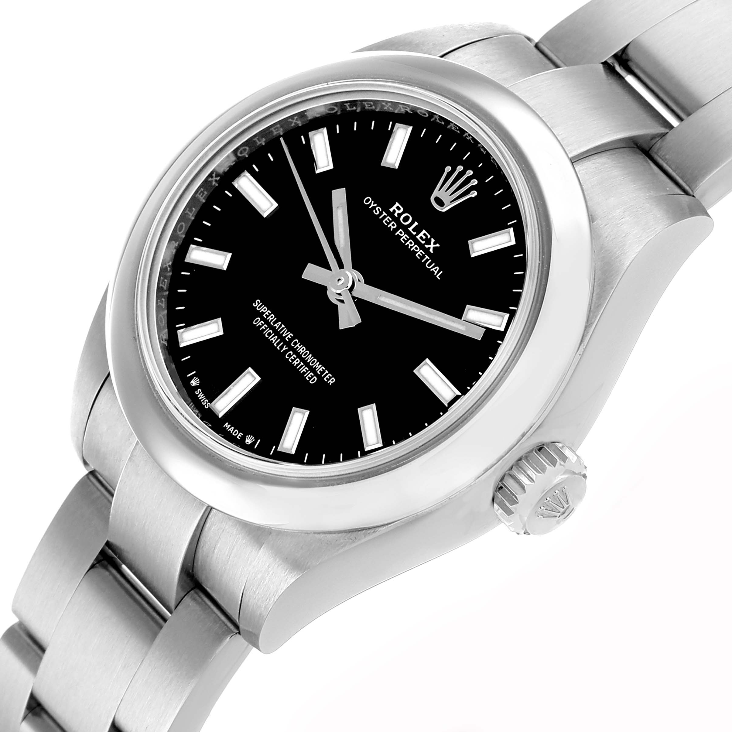 The Rolex Oyster Perpetual 276200 Women's Stainless Steel Black Dial watch is shown from a side angle highlighting the dial, bezel, case, crown, and part of the bracelet.