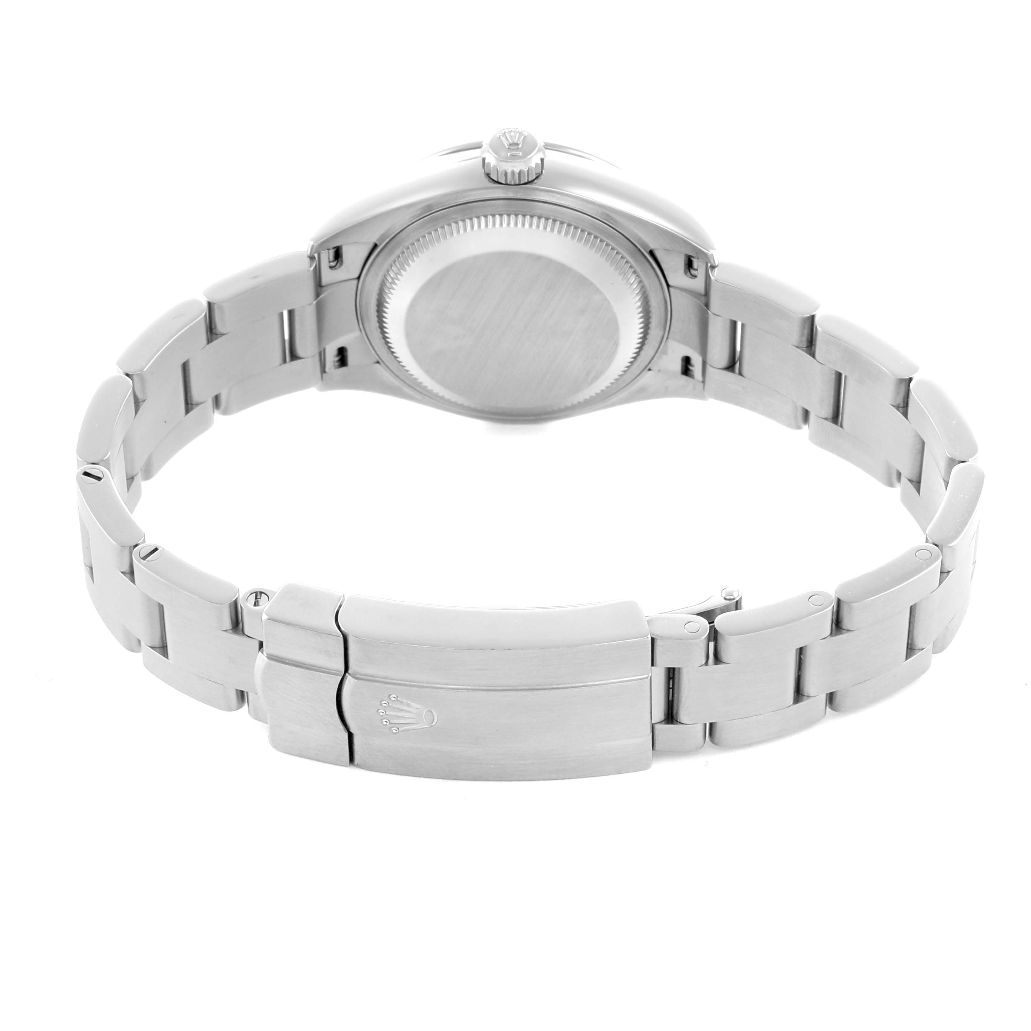 The image shows a Rolex Oyster Perpetual 276200 Women's Stainless Steel Black Dial watch from the back, displaying the case back, crown, and clasp of the bracelet.