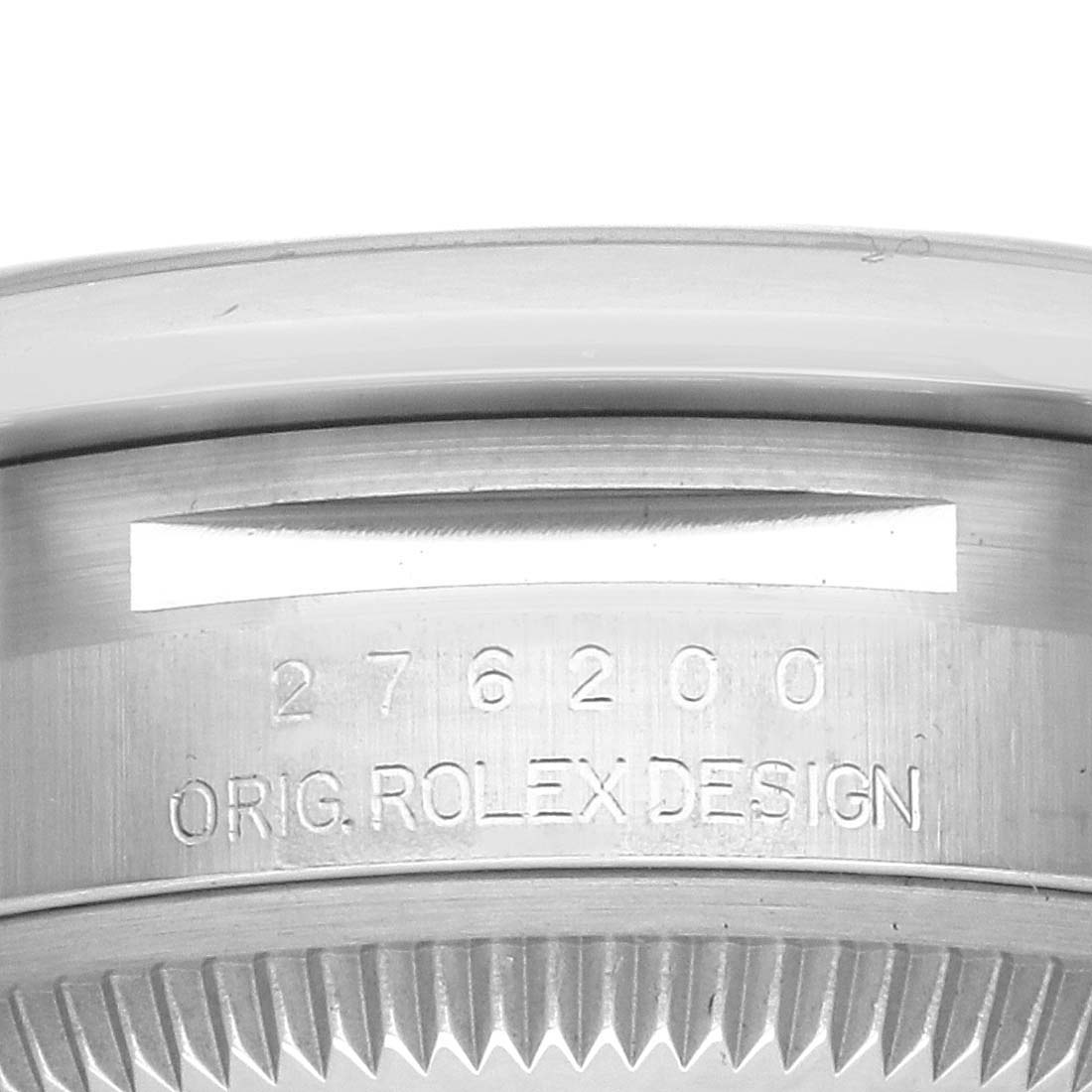 The image shows the side of the caseback of a Rolex Oyster Perpetual 276200 Women's Stainless Steel Black Dial, featuring the model number and "ORIG. ROLEX DESIGN" engraving.