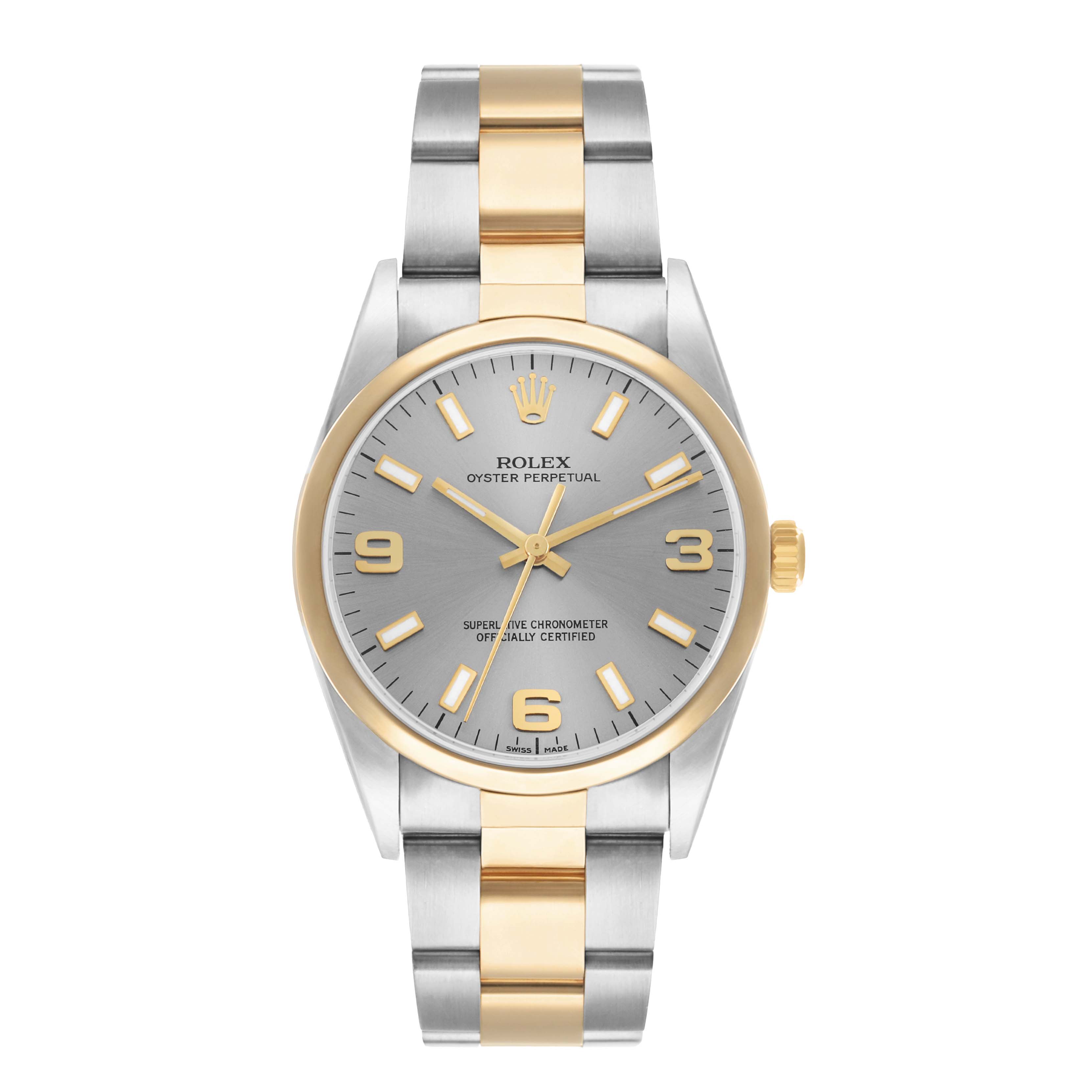 The Rolex Oyster Perpetual 14203 Men's Steel and Gold (two tone) Silver Dial watch is shown from the front, displaying the face, bezel, and bracelet in a gold and silver tone.