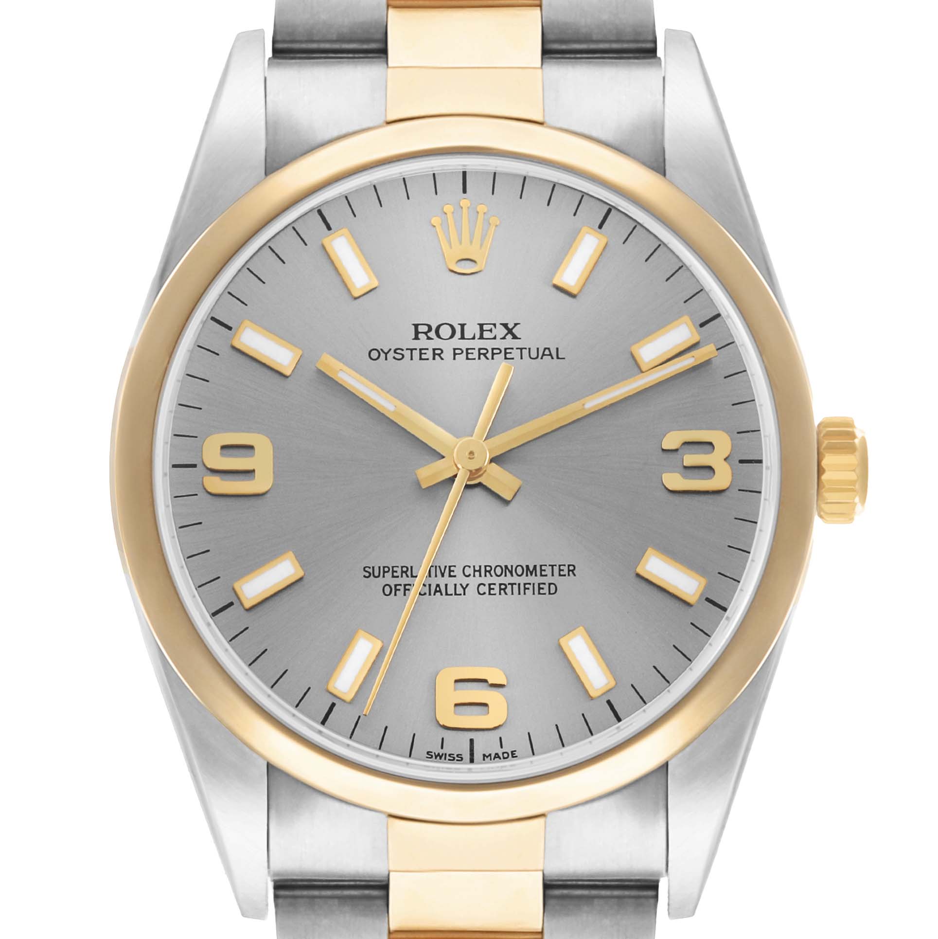 The Rolex Oyster Perpetual 14203 Men's Steel and Gold (two tone) Silver Dial watch is shown from the front, highlighting the dial and part of the bracelet.