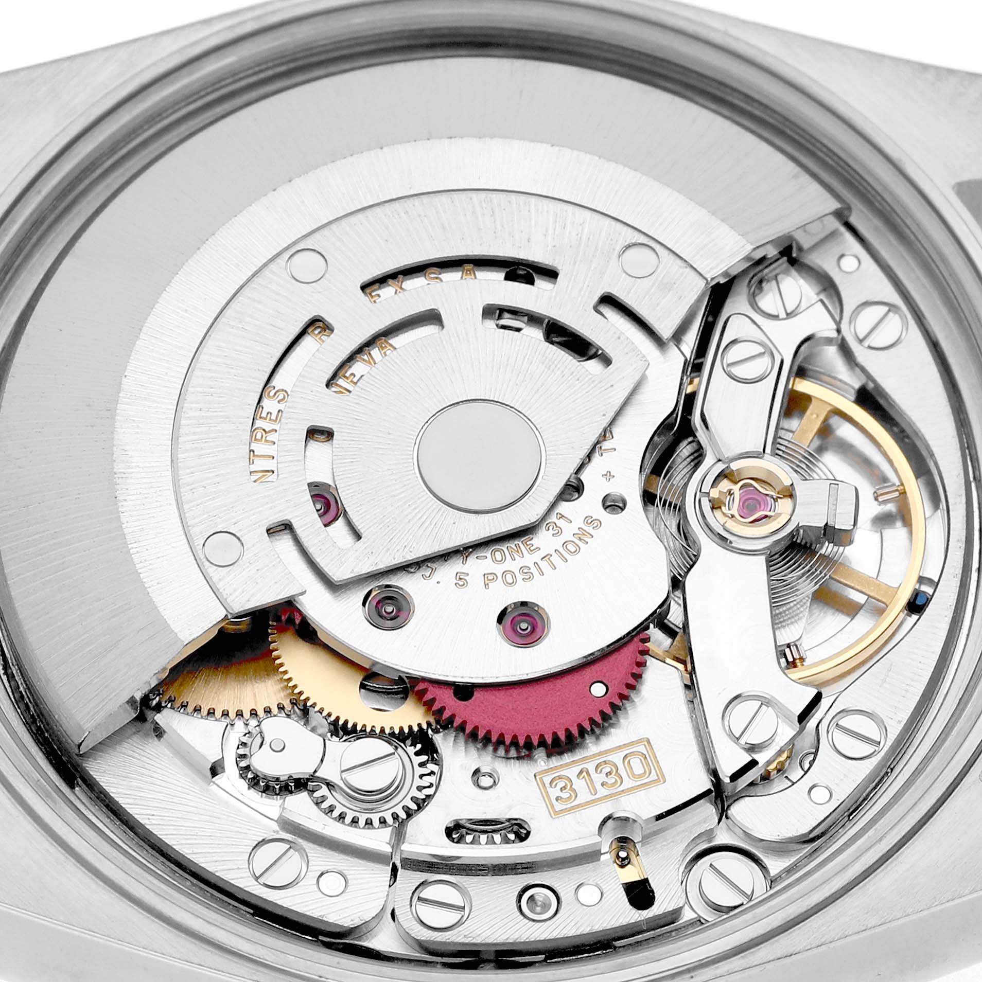 This image shows the internal mechanism of the Rolex Oyster Perpetual 14203 Men's Steel and Gold (two tone) Silver Dial, highlighting the movement and gears.