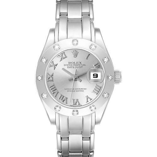 This is a front view of the Rolex Pearlmaster watch, showcasing the dial, bracelet, bezel, and date window.