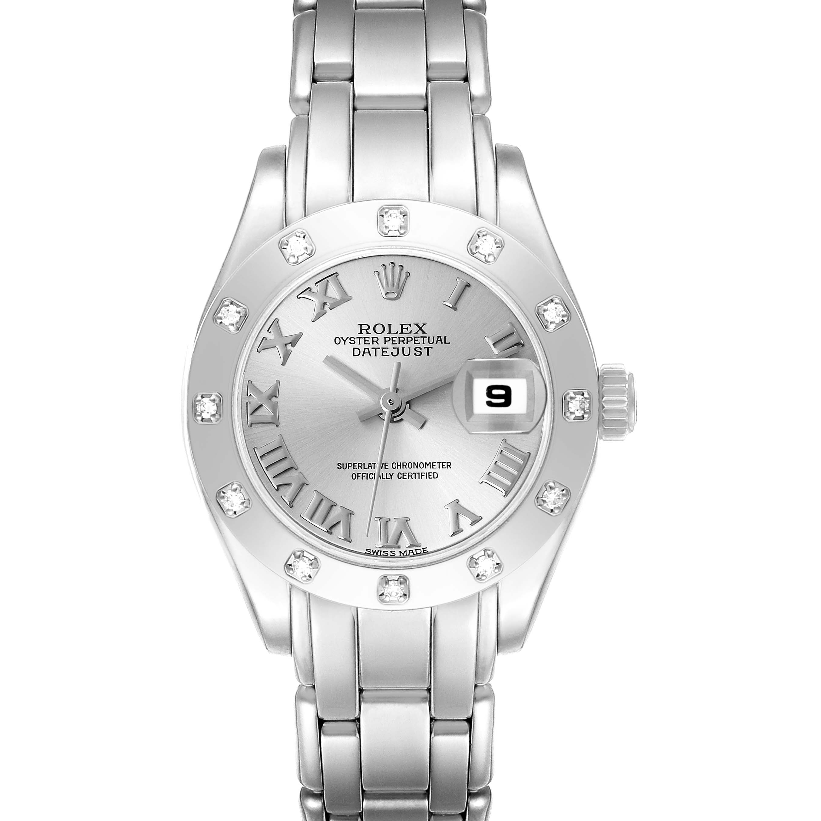 The image shows a front view of a Rolex Pearlmaster 69319 Women
s White Gold Silver Dial 69319 Women
s White Gold Silver Dial watch displaying its dial, bezel, and bracelet.
