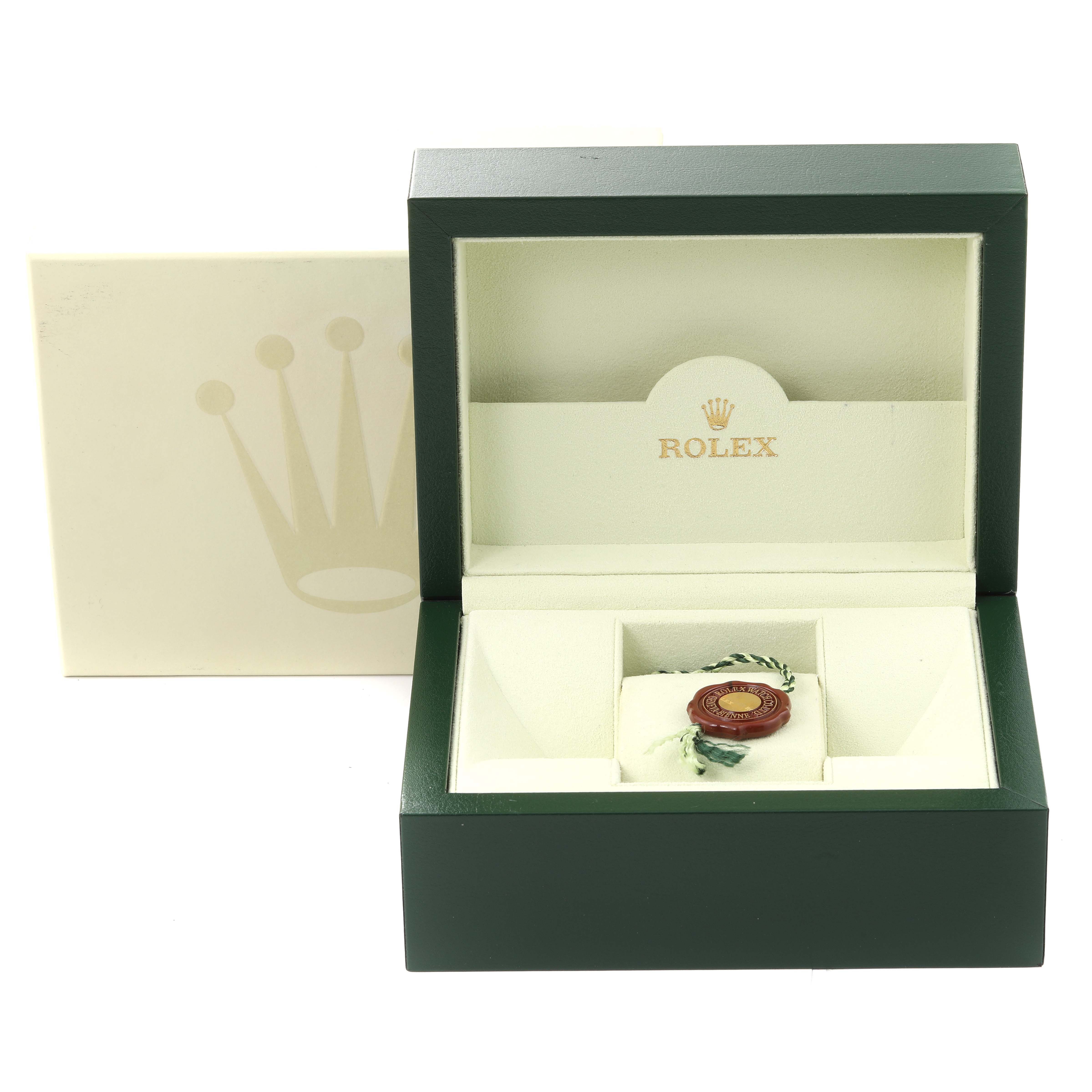 The image shows an open Rolex Pearlmaster 69319 Women
s White Gold Silver Dial 69319 Women
s White Gold Silver Dial watch box and accessories, with the box lid partially covering the outer packaging.