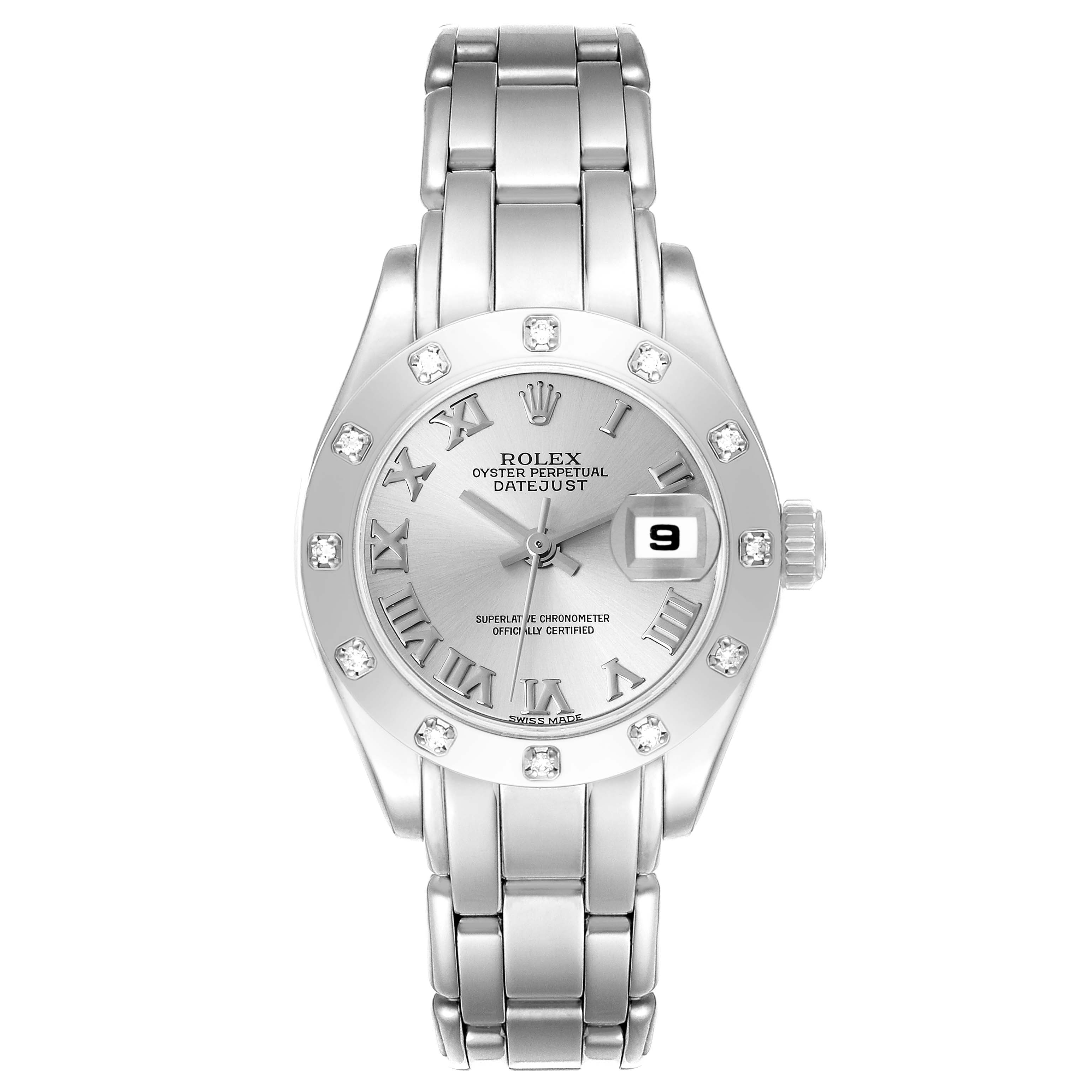 This is a front view of the Rolex Pearlmaster 69319 Women
s White Gold Silver Dial 69319 Women
s White Gold Silver Dial watch, showing the dial, date window, bezel, and bracelet.
