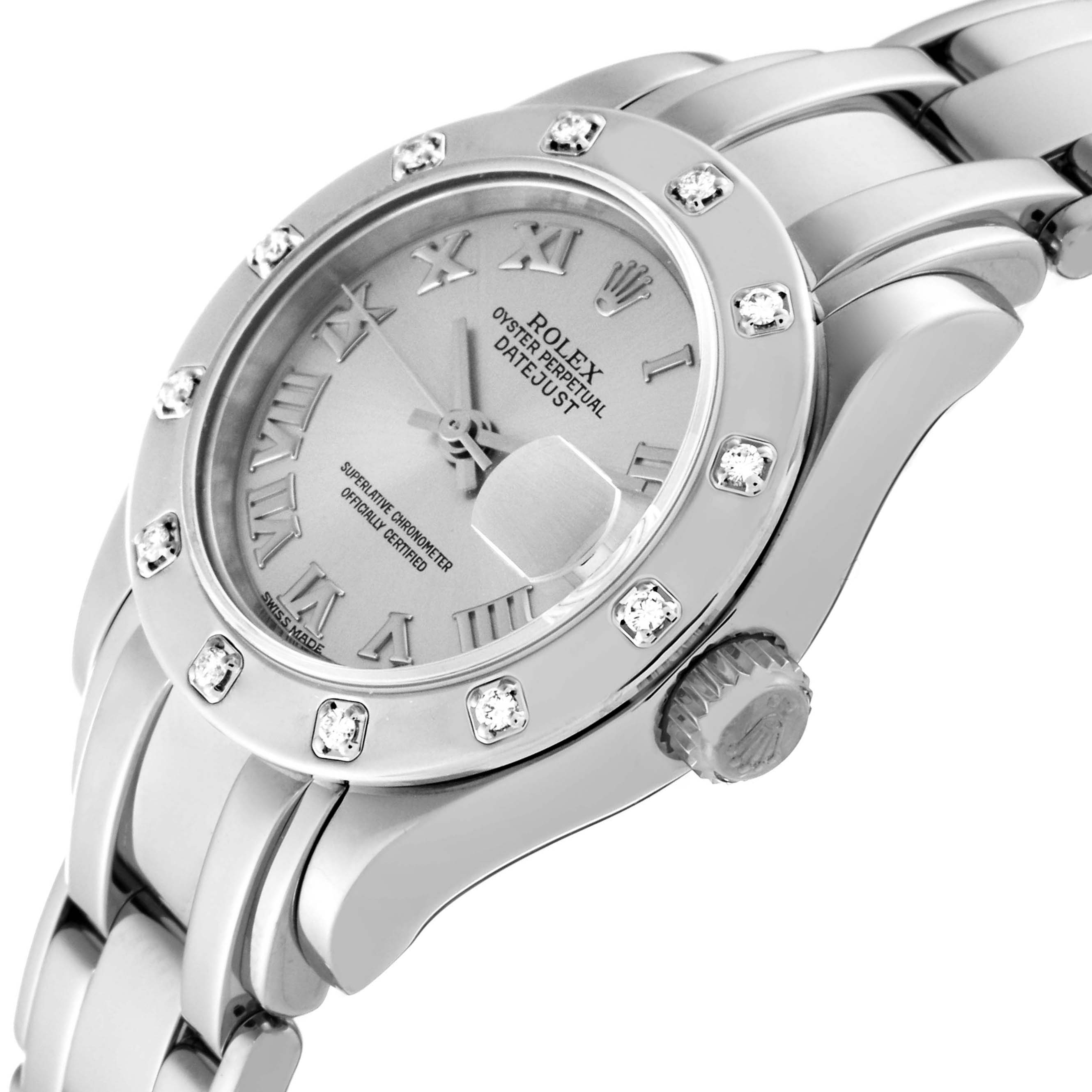 The Rolex Pearlmaster 69319 Women
s White Gold Silver Dial 69319 Women
s White Gold Silver Dial watch is shown at an angle highlighting its bezel with diamonds, winding crown, and part of the bracelet.