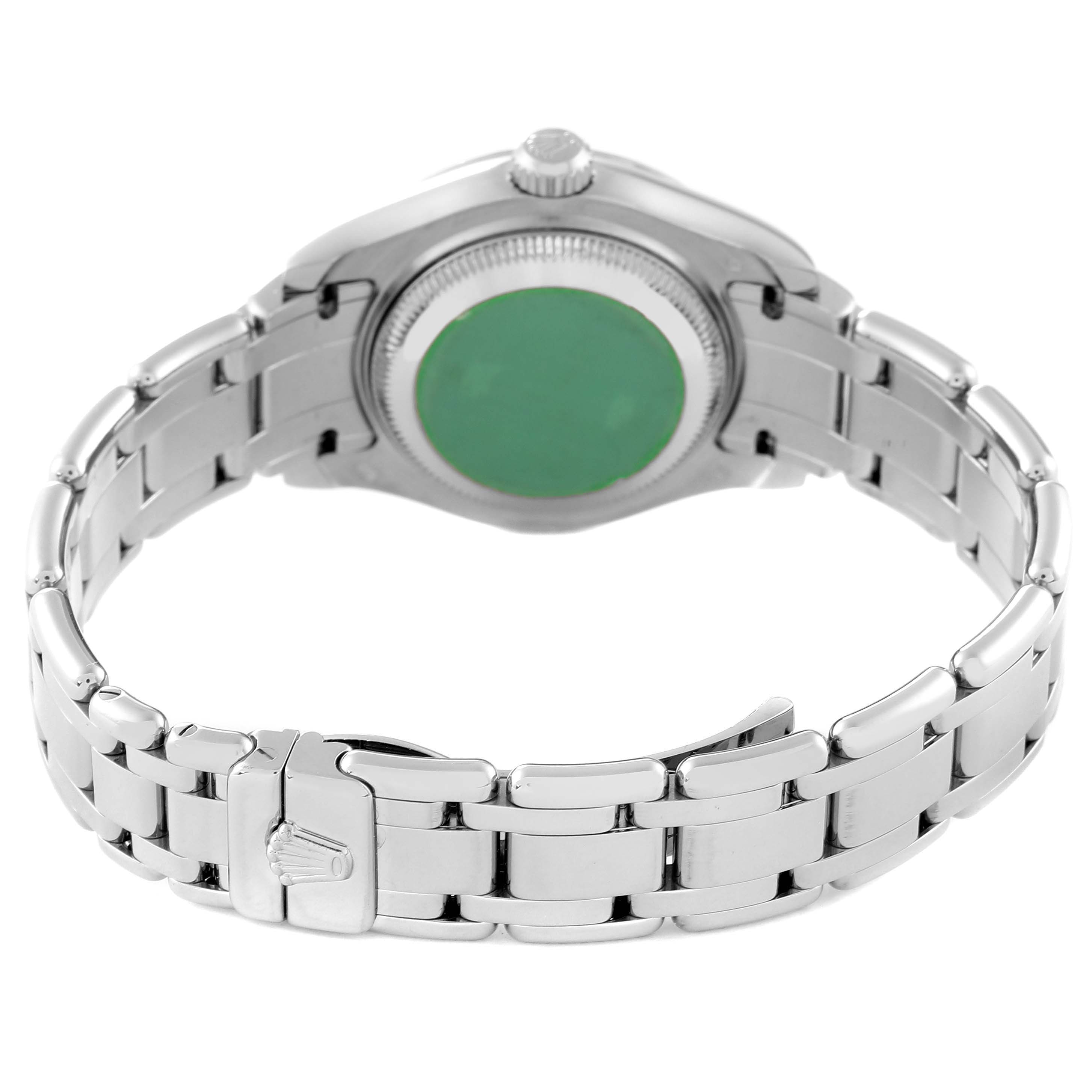 This image shows the rear view of a Rolex Pearlmaster 69319 Women
s White Gold Silver Dial 69319 Women
s White Gold Silver Dial watch, focusing on the case back and bracelet.