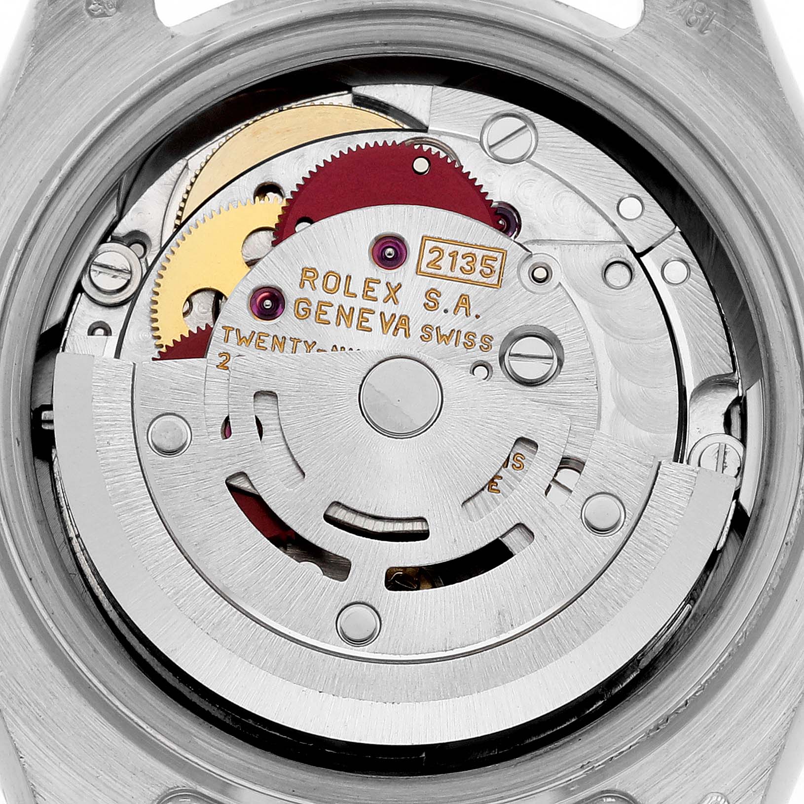 The image shows the internal mechanism, or movement, of a Rolex Pearlmaster 69319 Women
s White Gold Silver Dial 69319 Women
s White Gold Silver Dial watch from a close-up angle.