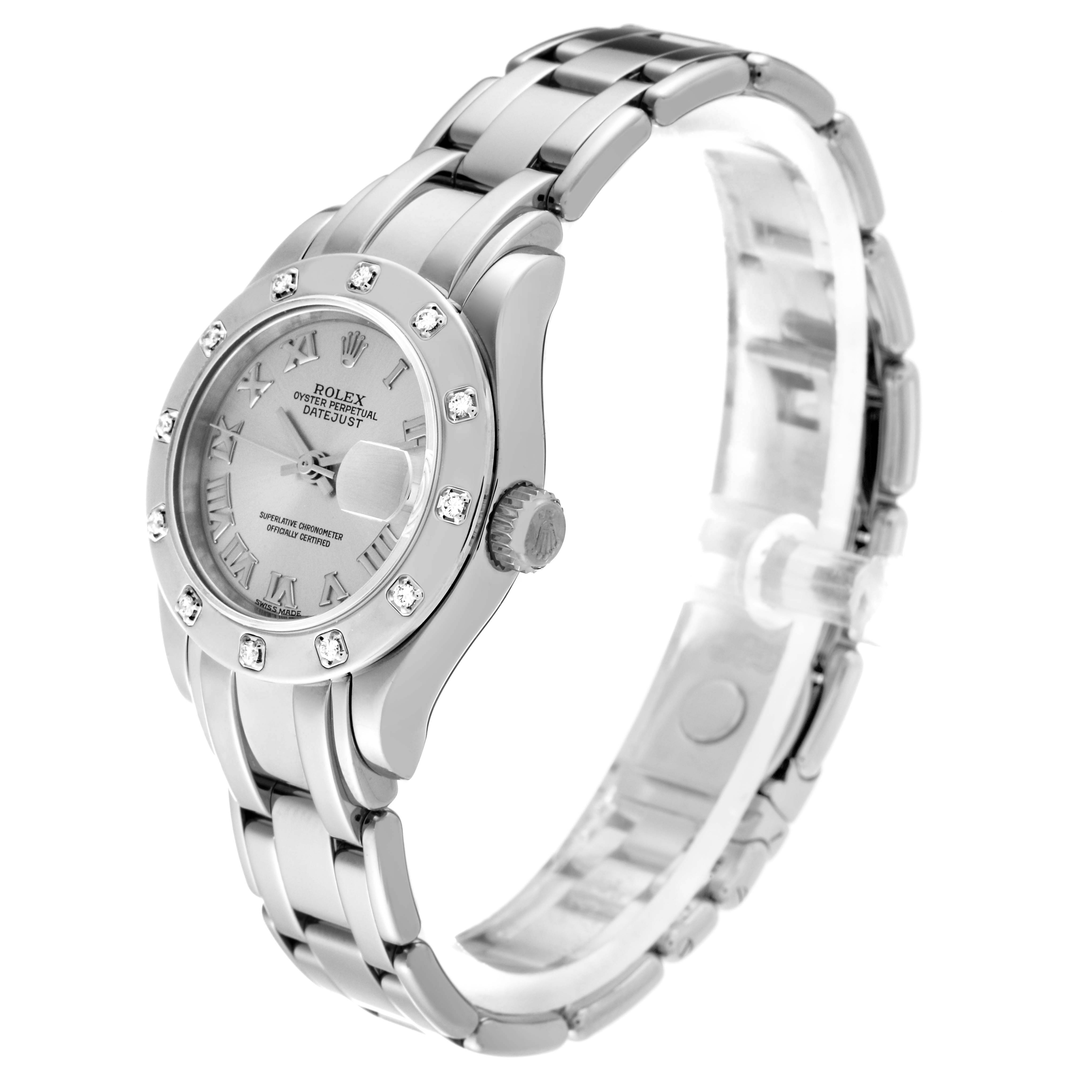 This Rolex Pearlmaster 69319 Women
s White Gold Silver Dial 69319 Women
s White Gold Silver Dial watch is shown at a three-quarter angle, highlighting its face, crown, and linked bracelet.