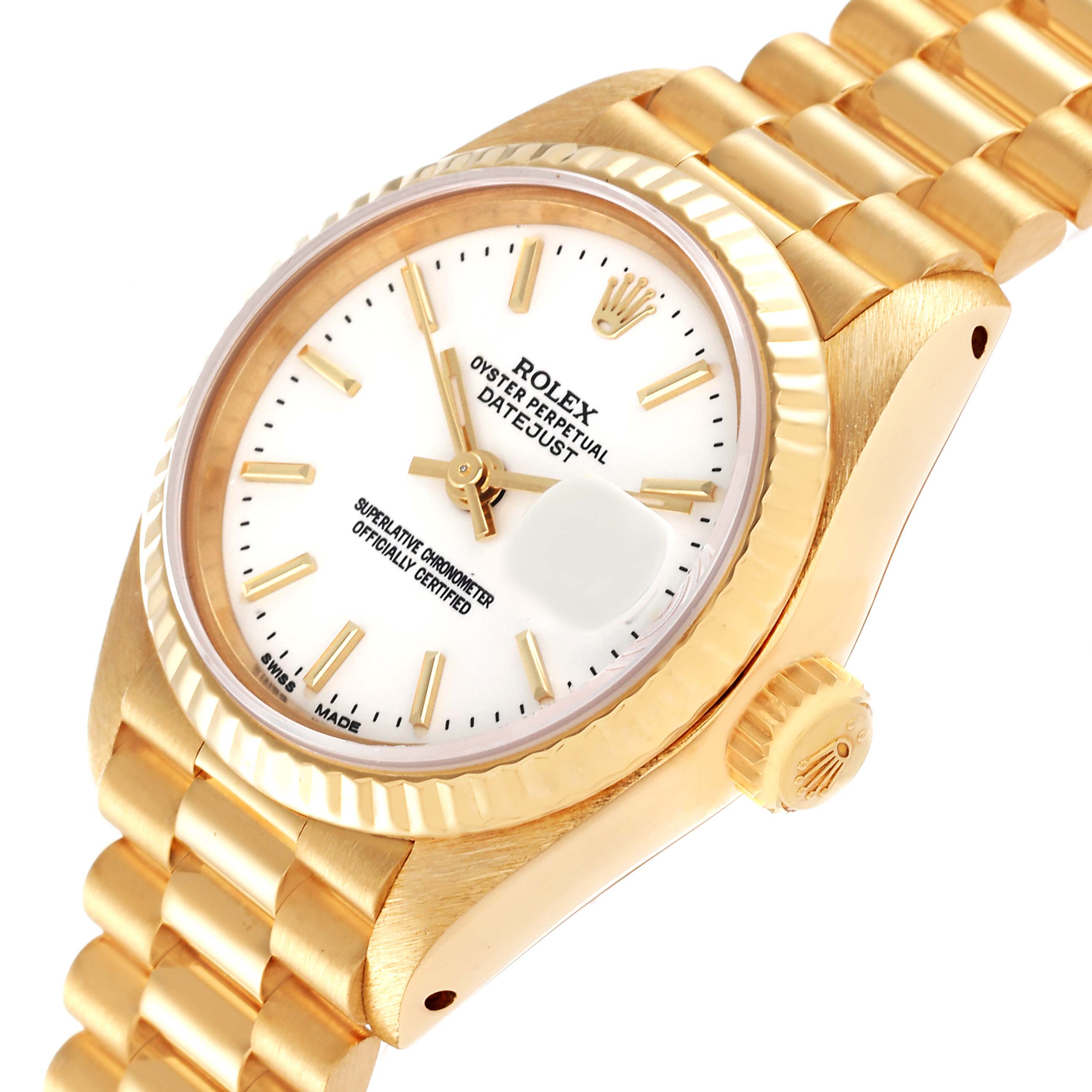 The image shows a Rolex President 69178 Women's Yellow Gold White Dial 69178 Women's Yellow Gold White Dial model watch at an angle highlighting the dial, bezel, crown, and part of the bracelet.