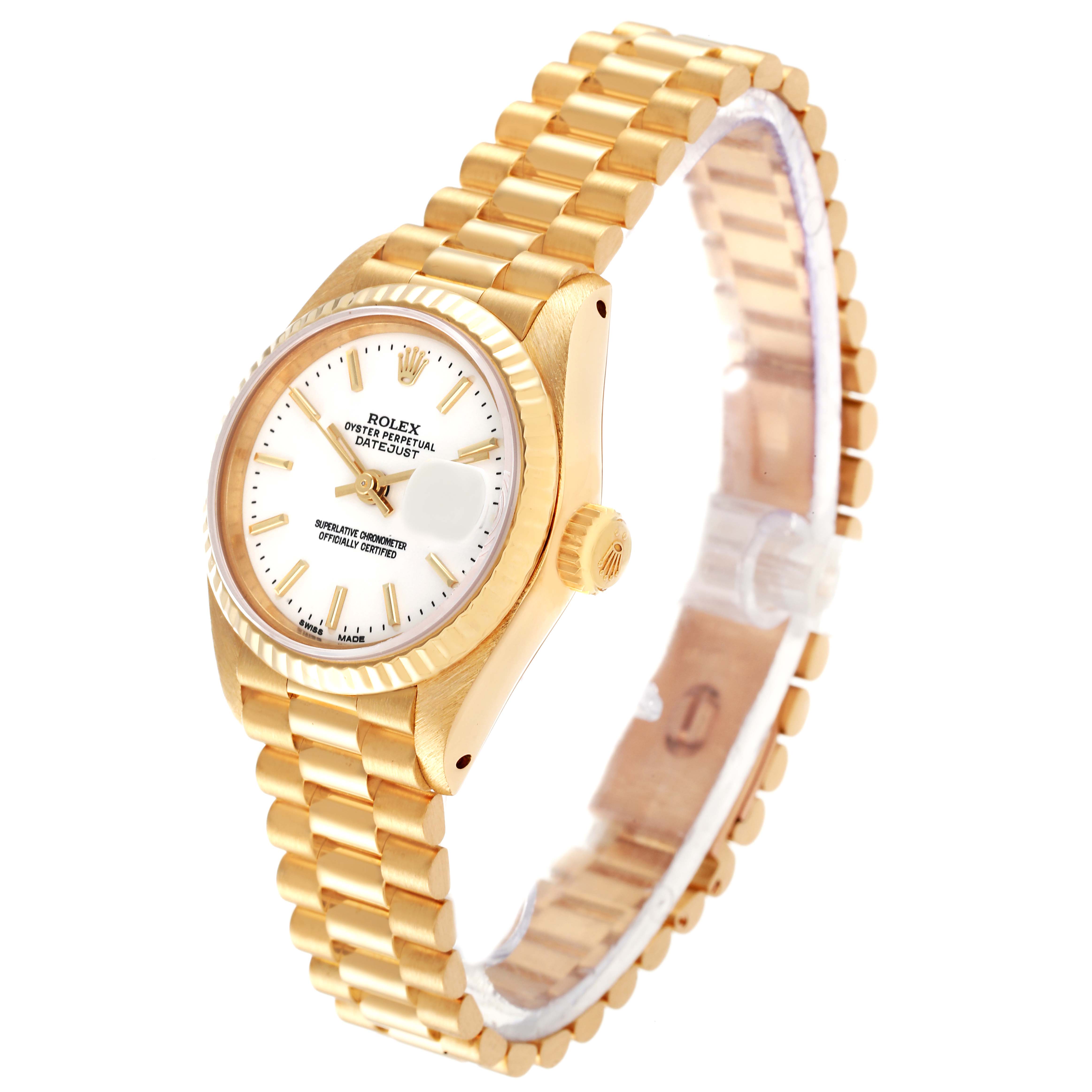 The image shows a side angle of the Rolex President 69178 Women's Yellow Gold White Dial 69178 Women's Yellow Gold White Dial model watch, highlighting its gold bracelet and dial.