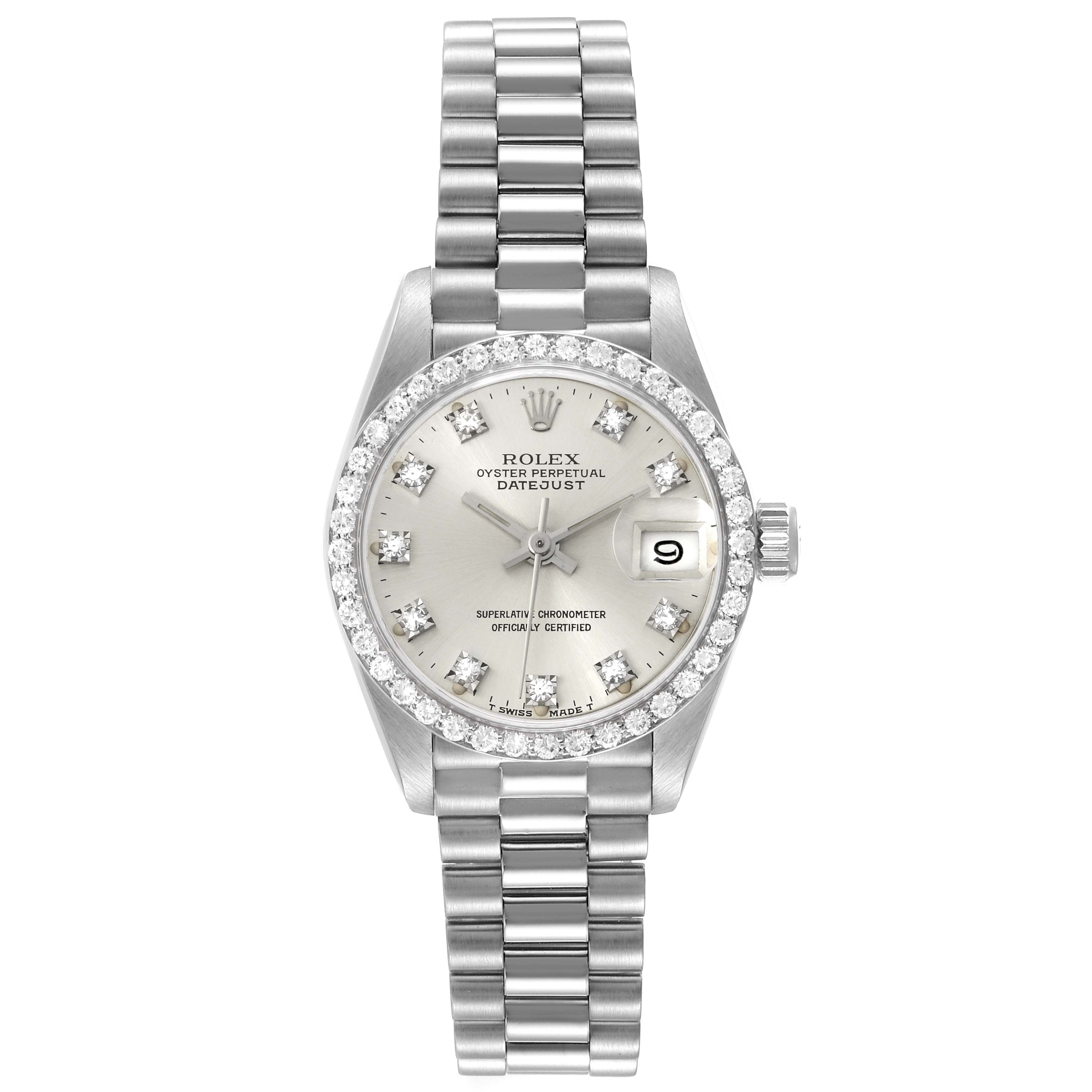 This image shows the front view of a Rolex President 69139 Women's White Gold Silver Dial 69139 Women's White Gold Silver Dial model, featuring its oyster bracelet, date window, and diamond bezel.