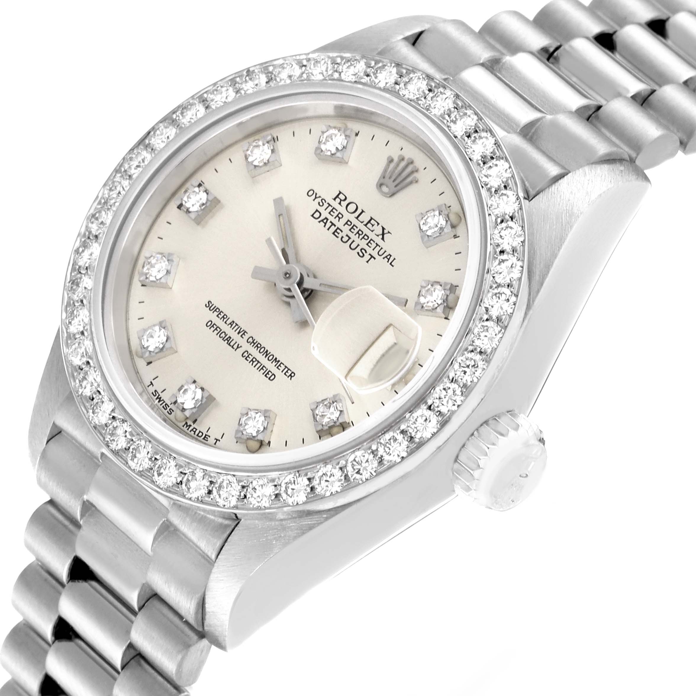 The image shows a Rolex President 69139 Women's White Gold Silver Dial 69139 Women's White Gold Silver Dial model watch at a close-up angle, highlighting the face, bezel, crown, and part of the bracelet.