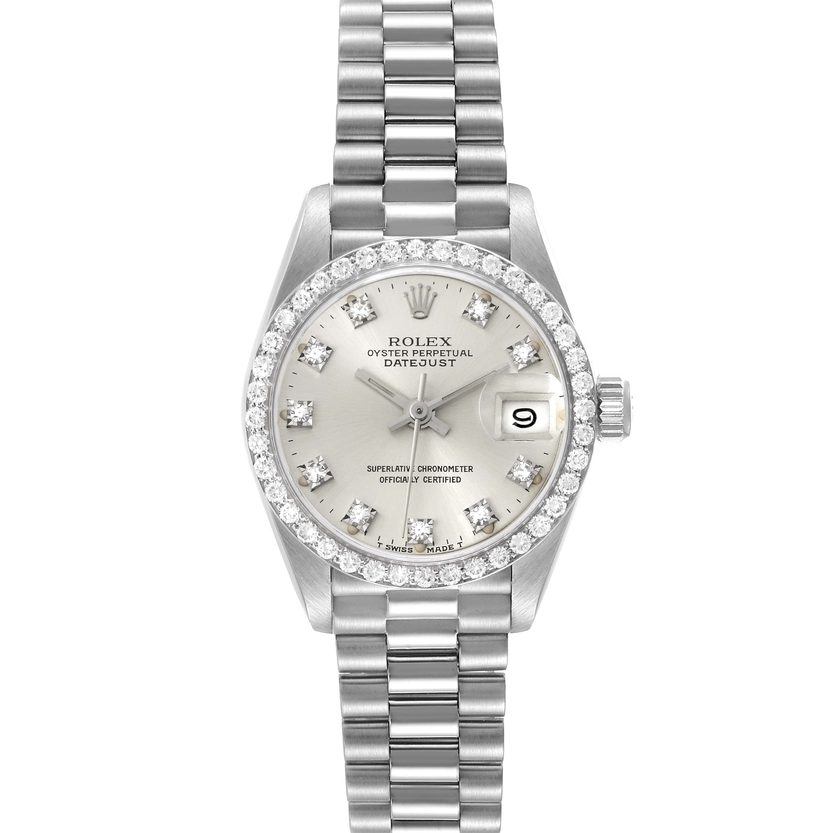 The image shows a front view of a Rolex President 69139 Women's White Gold Silver Dial 69139 Women's White Gold Silver Dial model watch, displaying the face, bezel, lugs, and band.