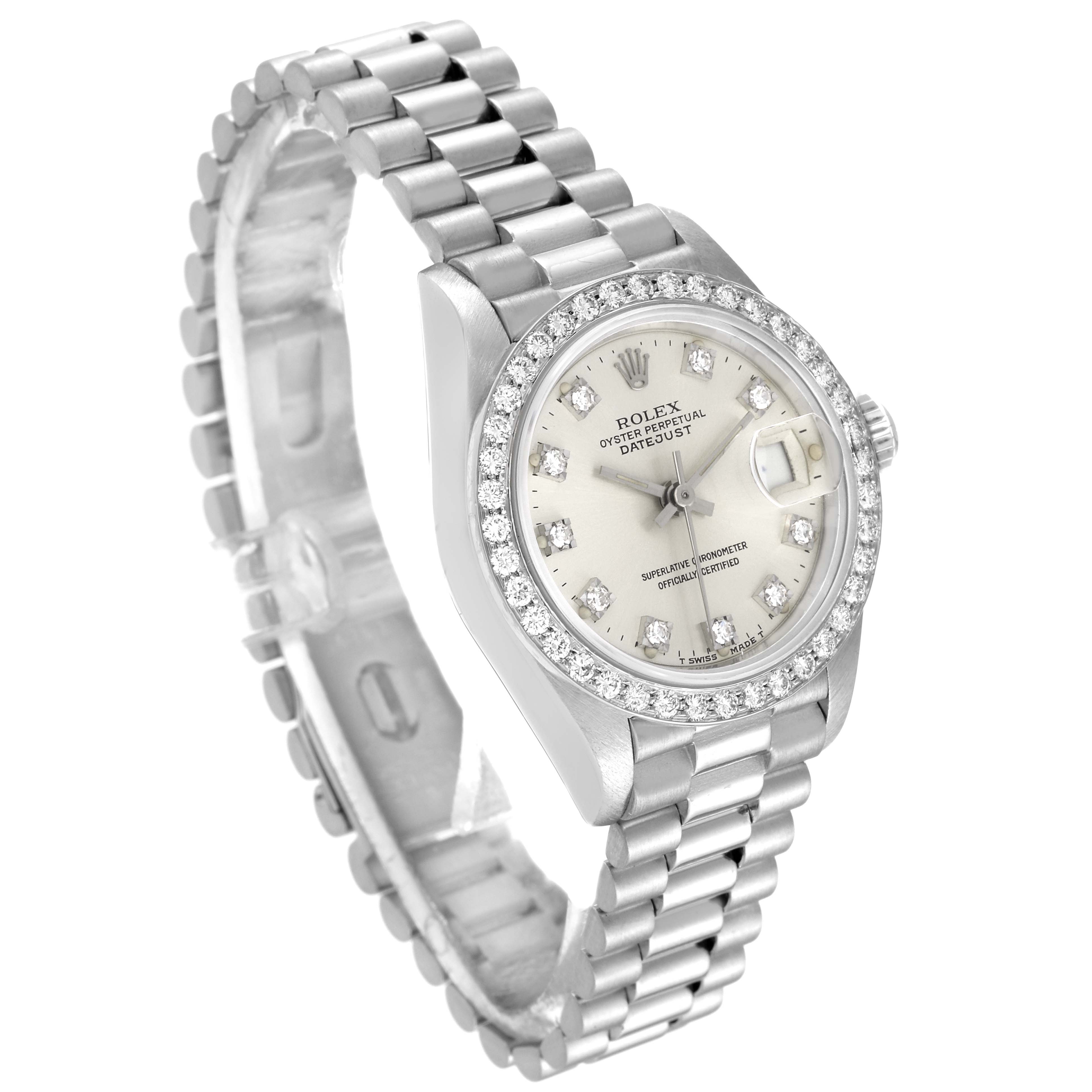 The Rolex President 69139 Women's White Gold Silver Dial 69139 Women's White Gold Silver Dial model watch is shown at an angled side view, featuring its dial, bezel, crown, and bracelet.