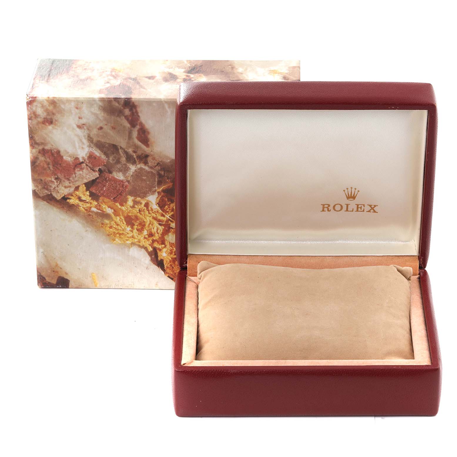 This image shows an open box for a Rolex President 69139 Women's White Gold Silver Dial 69139 Women's White Gold Silver Dial model, displayed at an angle that highlights the interior pillow and logo.