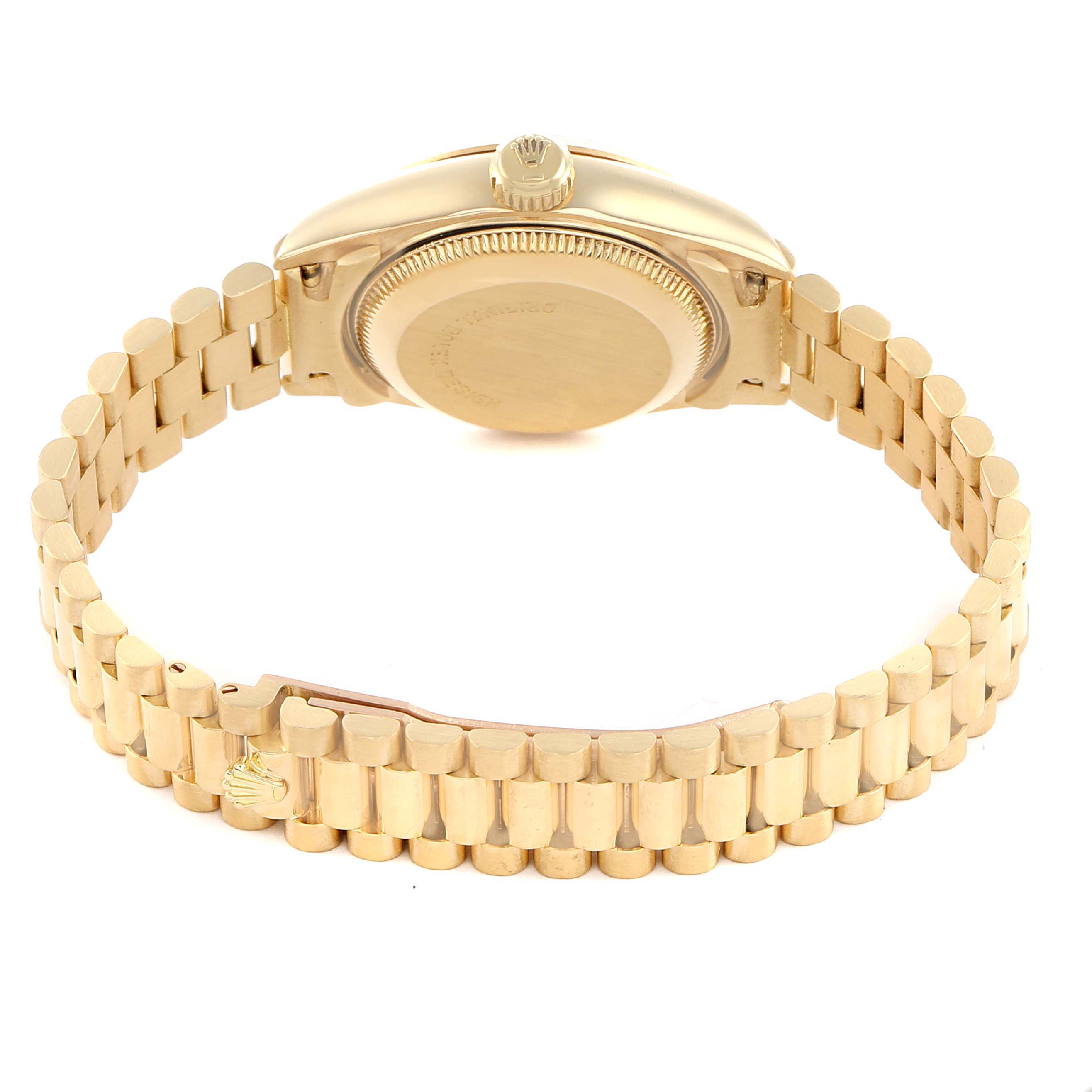 The Rolex President 69178 Women's Yellow Gold Champagne Dial model watch is shown from the back, highlighting its case back, crown, and president bracelet.