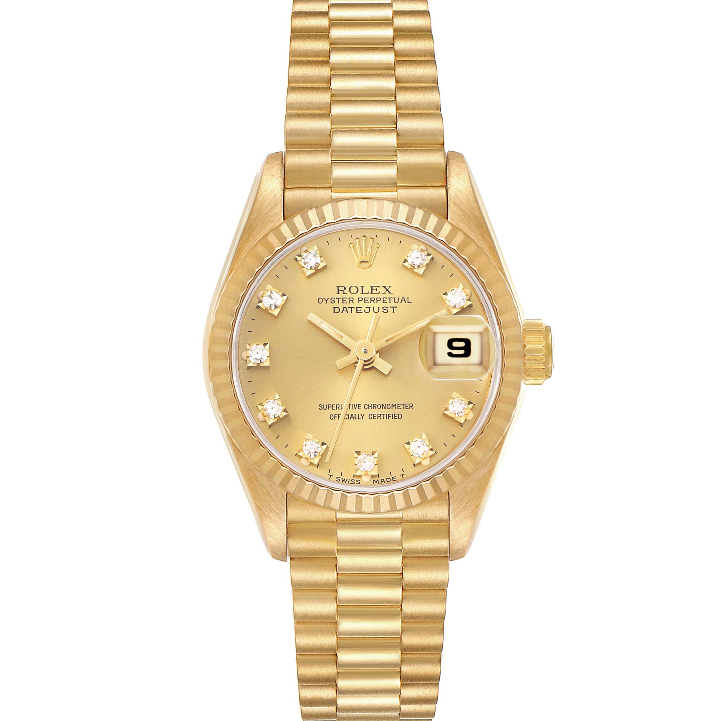 The Rolex President 69178 Women's Yellow Gold Champagne Dial model watch is shown from the front, displaying the dial, fluted bezel, and bracelet.