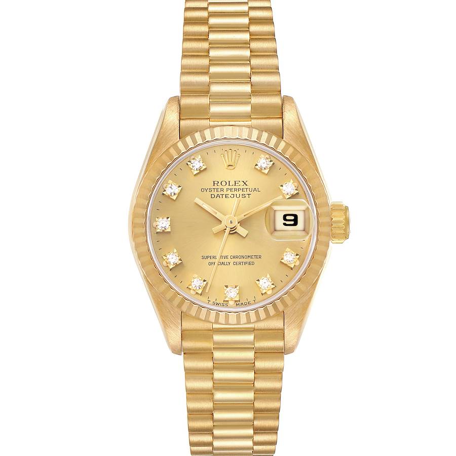 The Rolex President 69178 Women's Yellow Gold Champagne Dial model watch is shown from the front, displaying the dial, fluted bezel, and bracelet.