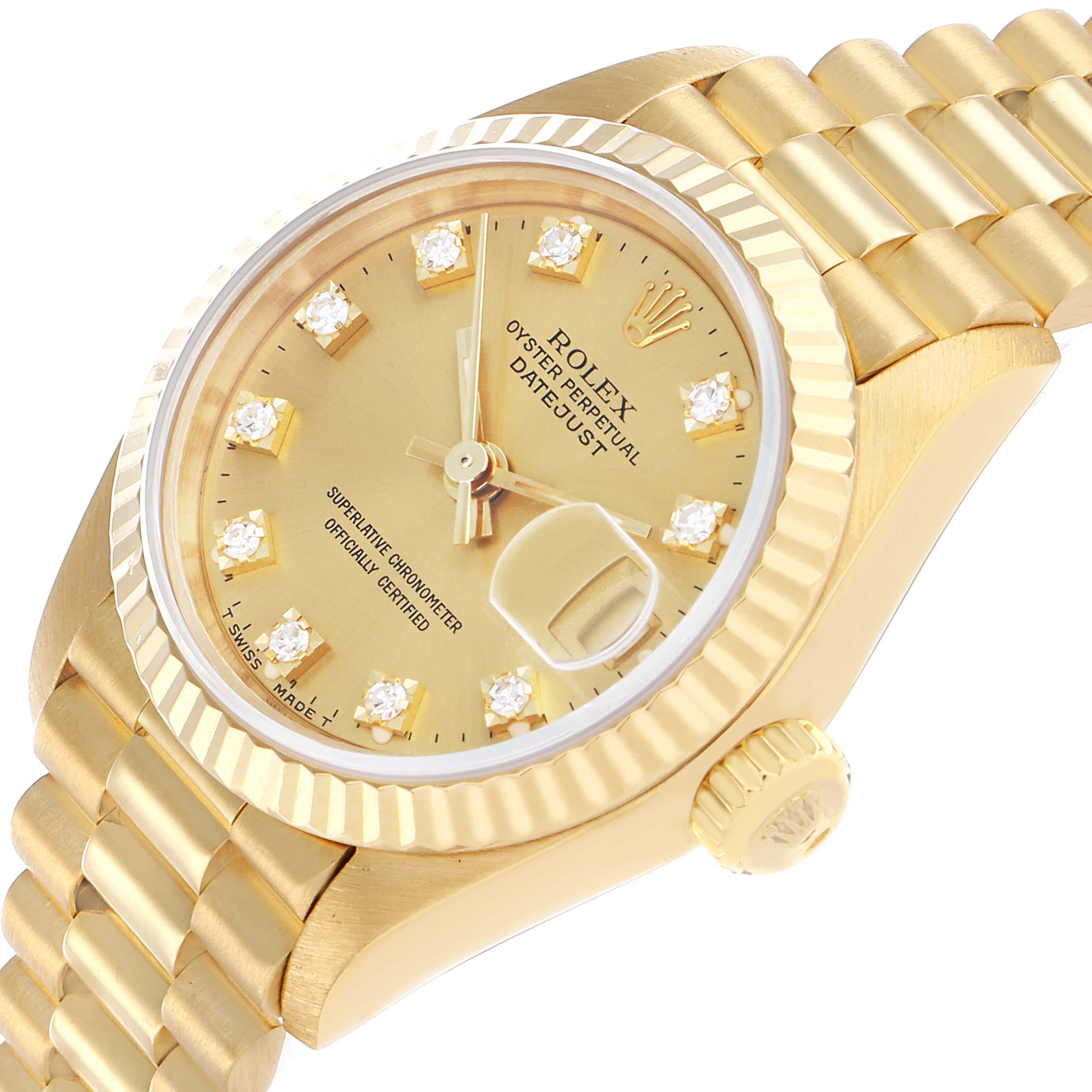 The image shows a Rolex President 69178 Women's Yellow Gold Champagne Dial watch at a slight angle, highlighting the dial, bezel, bracelet, and crown.