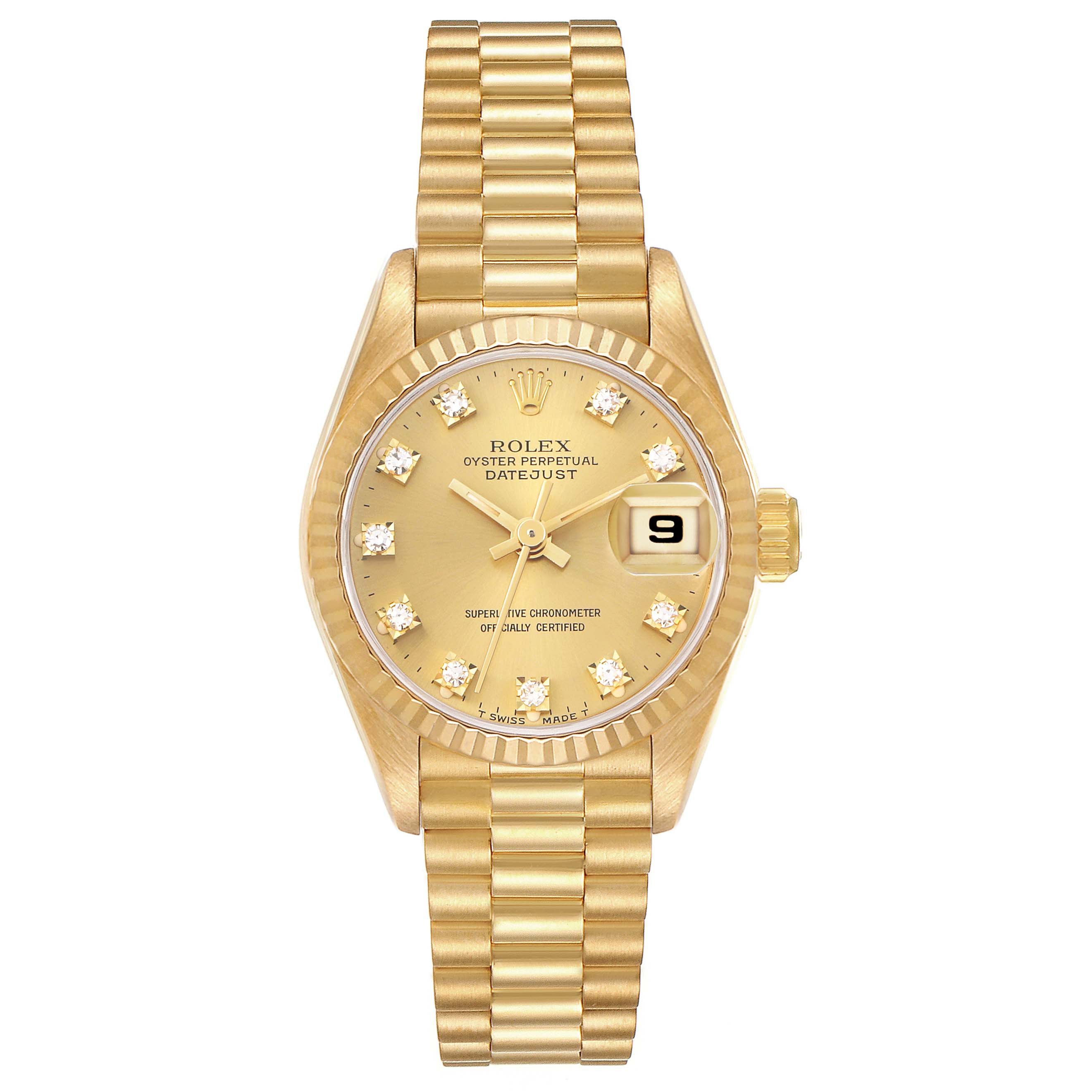 The image shows a Rolex President 69178 Women's Yellow Gold Champagne Dial model watch from a front angle, displaying the dial, bezel, crown, and bracelet.