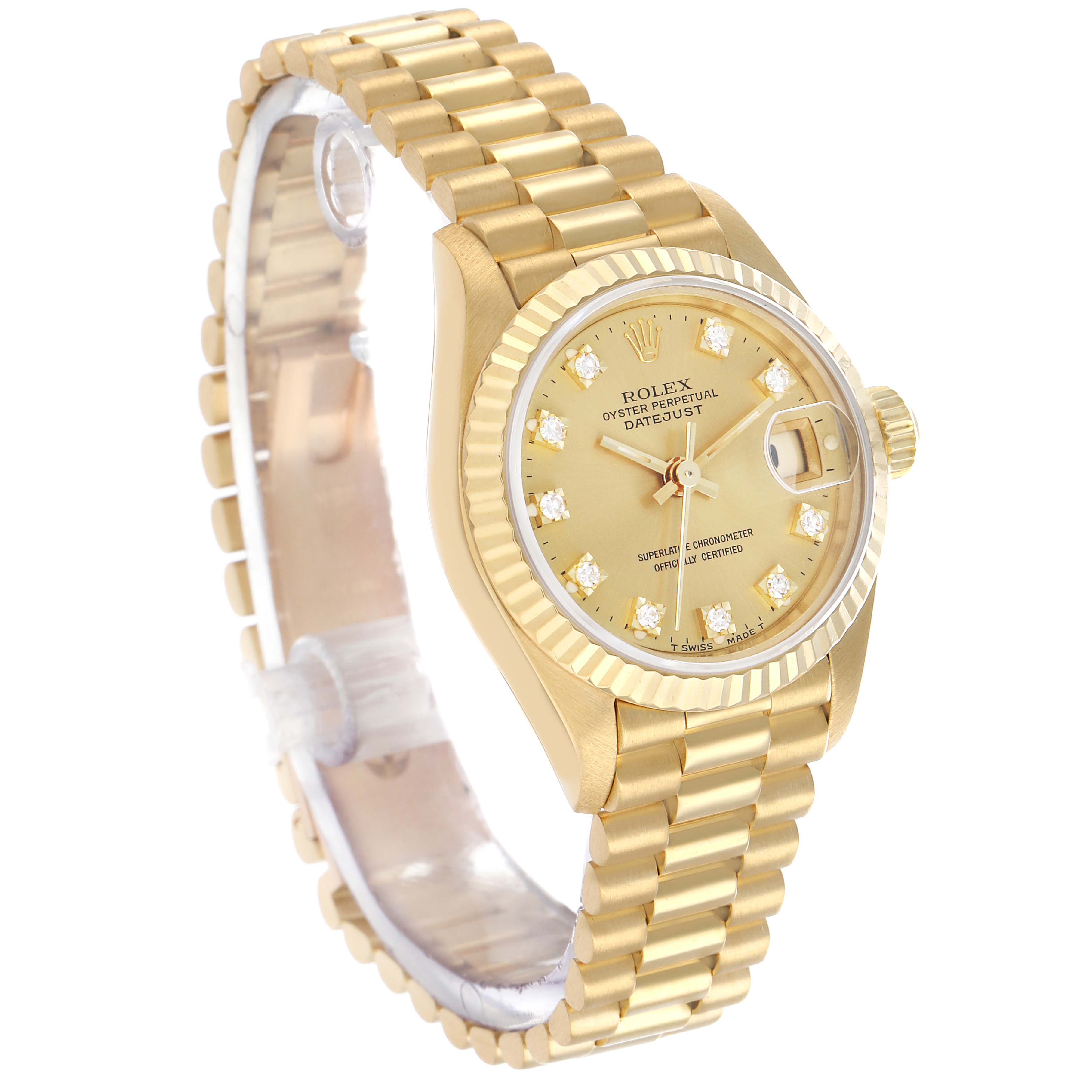 The Rolex President 69178 Women's Yellow Gold Champagne Dial watch is shown at a slight angle, highlighting the face, fluted bezel, and bracelet.