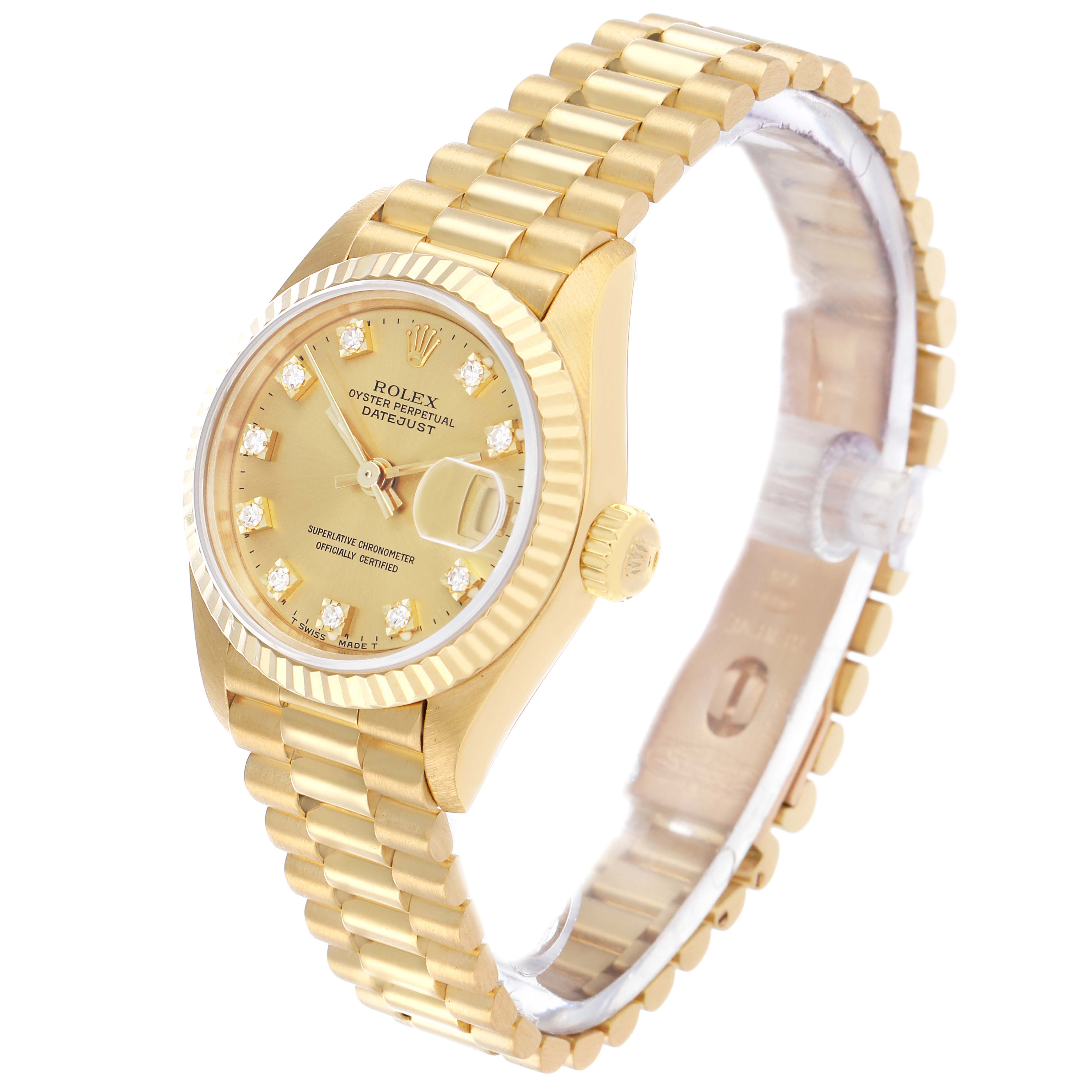 The Rolex President 69178 Women's Yellow Gold Champagne Dial model watch is shown at a three-quarter angle, highlighting its gold case, fluted bezel, diamond markers, and President bracelet.