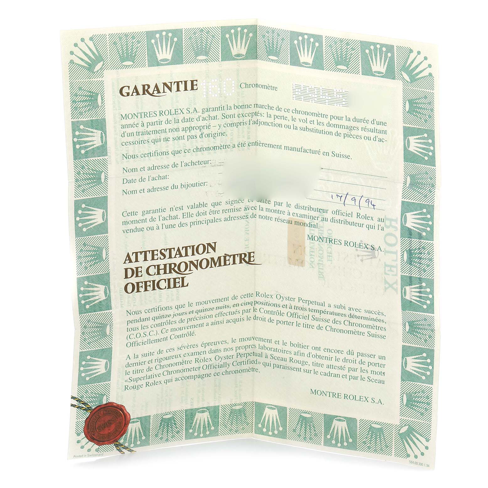 The image shows a folded guarantee certificate for a Rolex President 69178 Women's Yellow Gold Champagne Dial model watch, featuring text and a patterned border with Rolex logos.