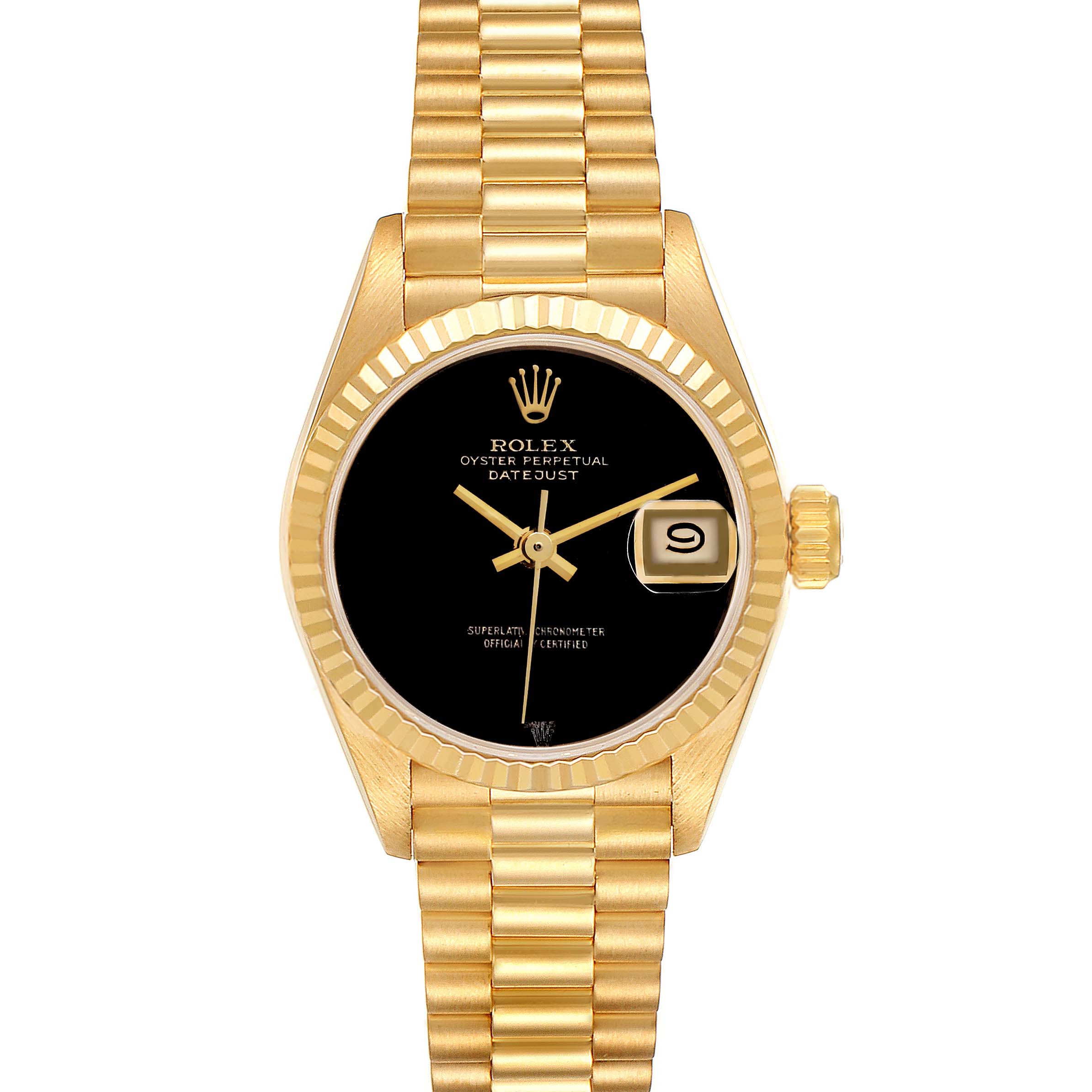 The image shows a frontal view of a Rolex President 69178 Women's Yellow Gold Black Dial 69178 Women's Yellow Gold Black Dial model watch, highlighting its gold bracelet, black dial, and date function.