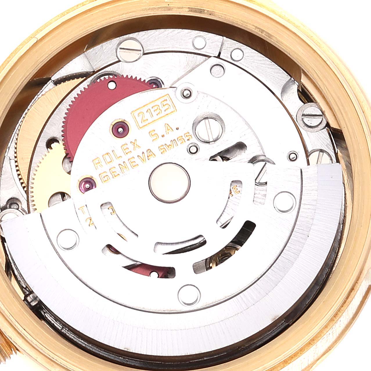 The image shows the inner mechanical movement of a Rolex President 69178 Women's Yellow Gold Black Dial 69178 Women's Yellow Gold Black Dial watch at a close-up, top-down angle.