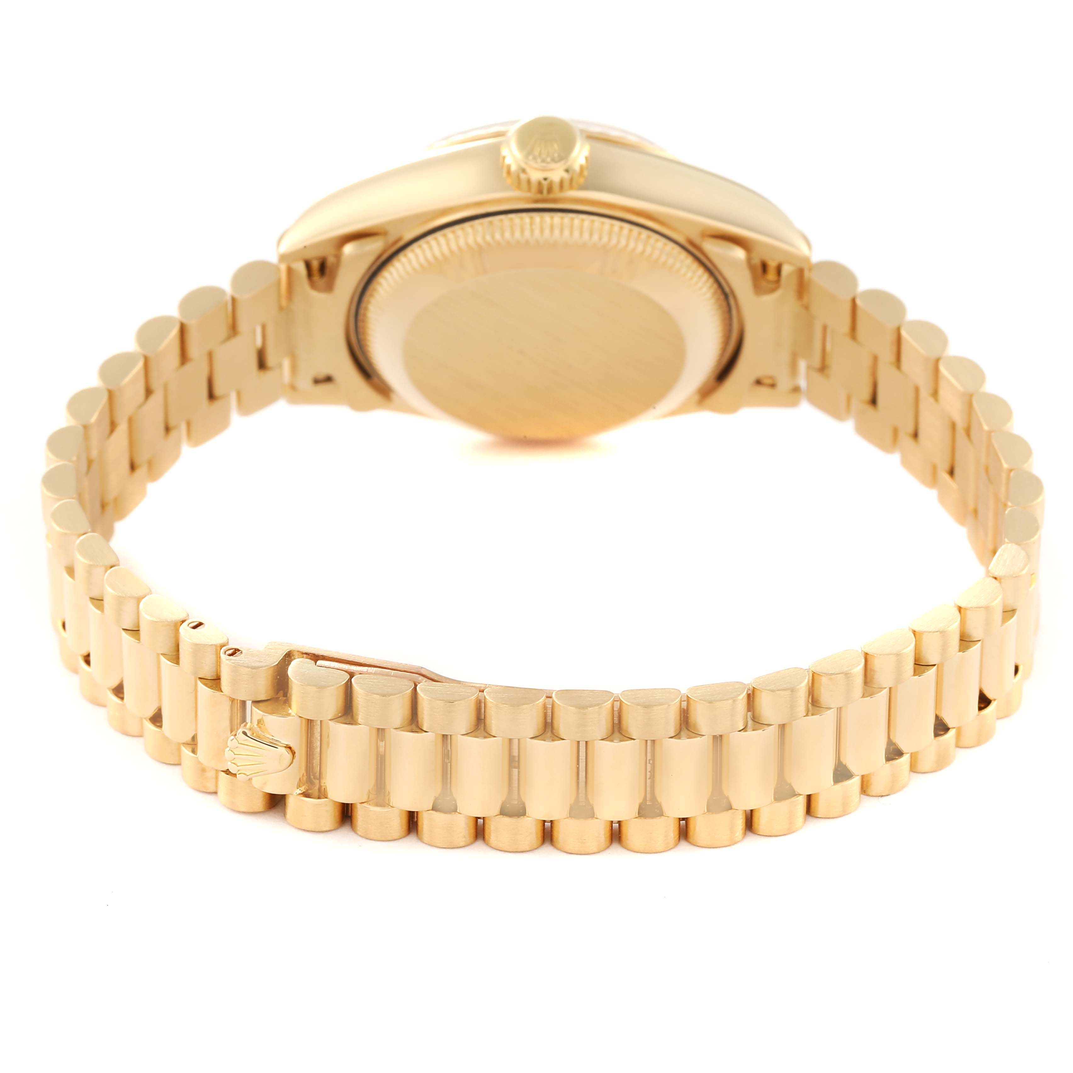 This image shows the back case and bracelet of a Rolex President 69178 Women's Yellow Gold Black Dial 69178 Women's Yellow Gold Black Dial model watch.