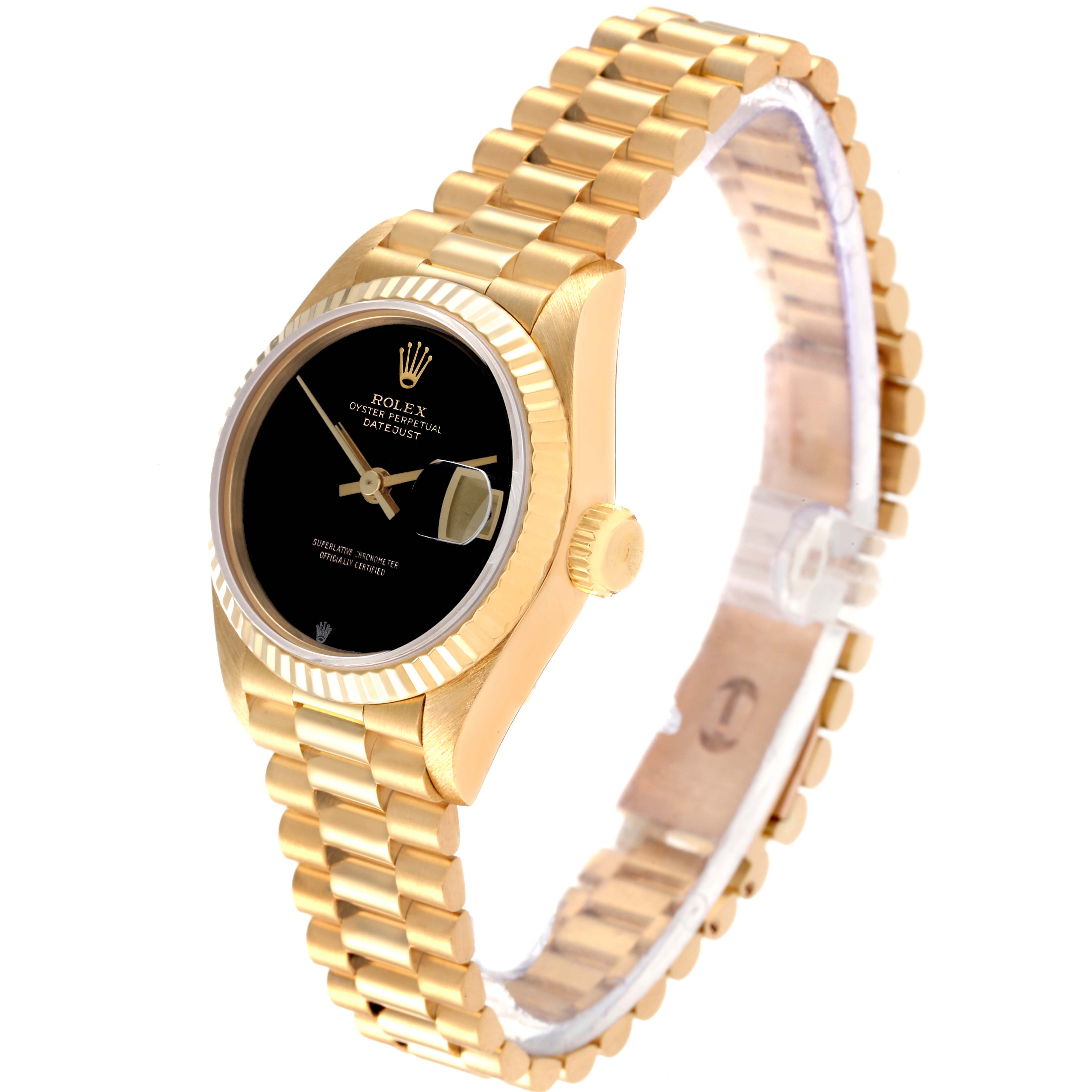 The image shows a Rolex President 69178 Women's Yellow Gold Black Dial 69178 Women's Yellow Gold Black Dial model watch angled slightly to the right, highlighting the bracelet, bezel, and black dial.