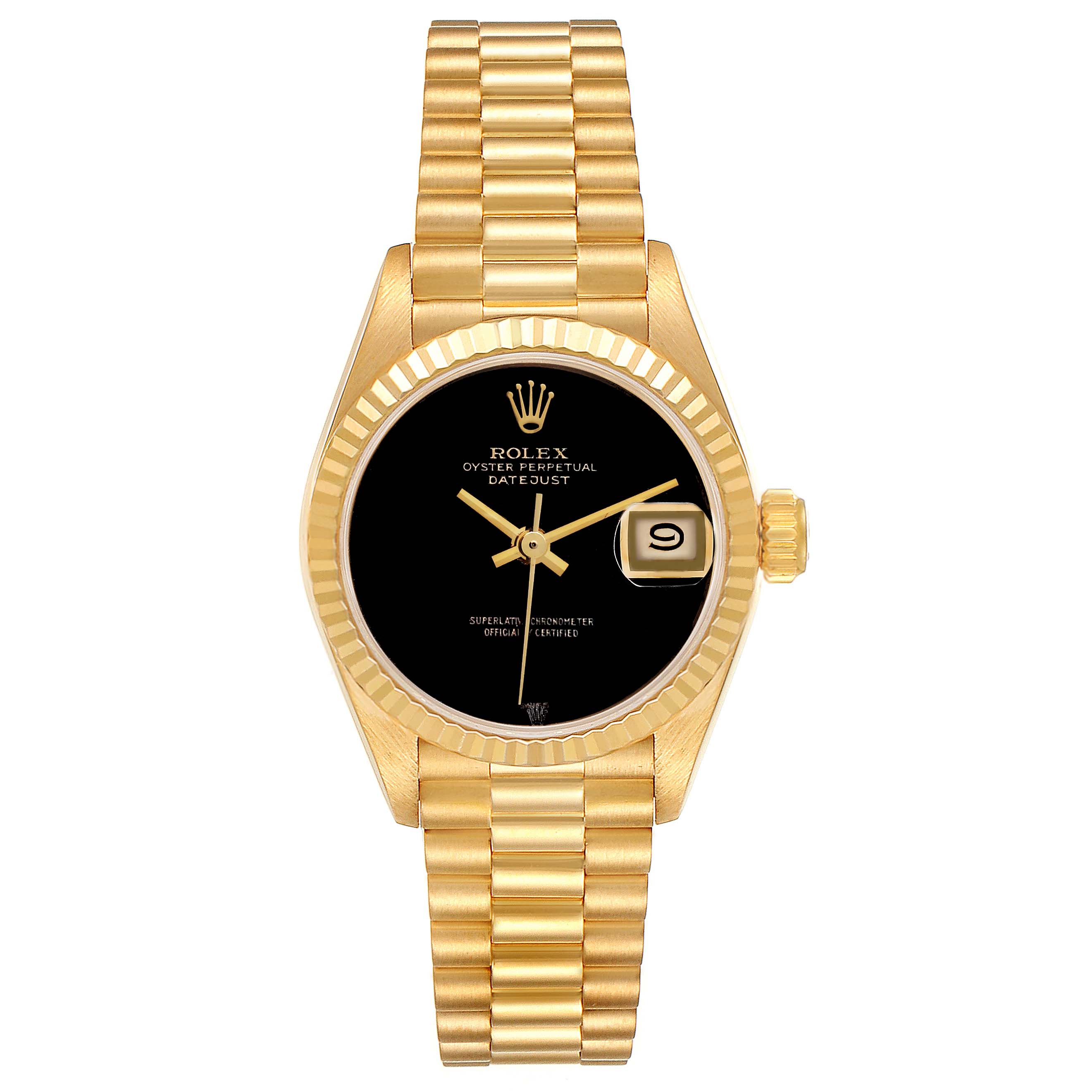 This image shows a Rolex President 69178 Women's Yellow Gold Black Dial 69178 Women's Yellow Gold Black Dial model watch from a front angle, highlighting its black dial, gold case, and bracelet with a date display.
