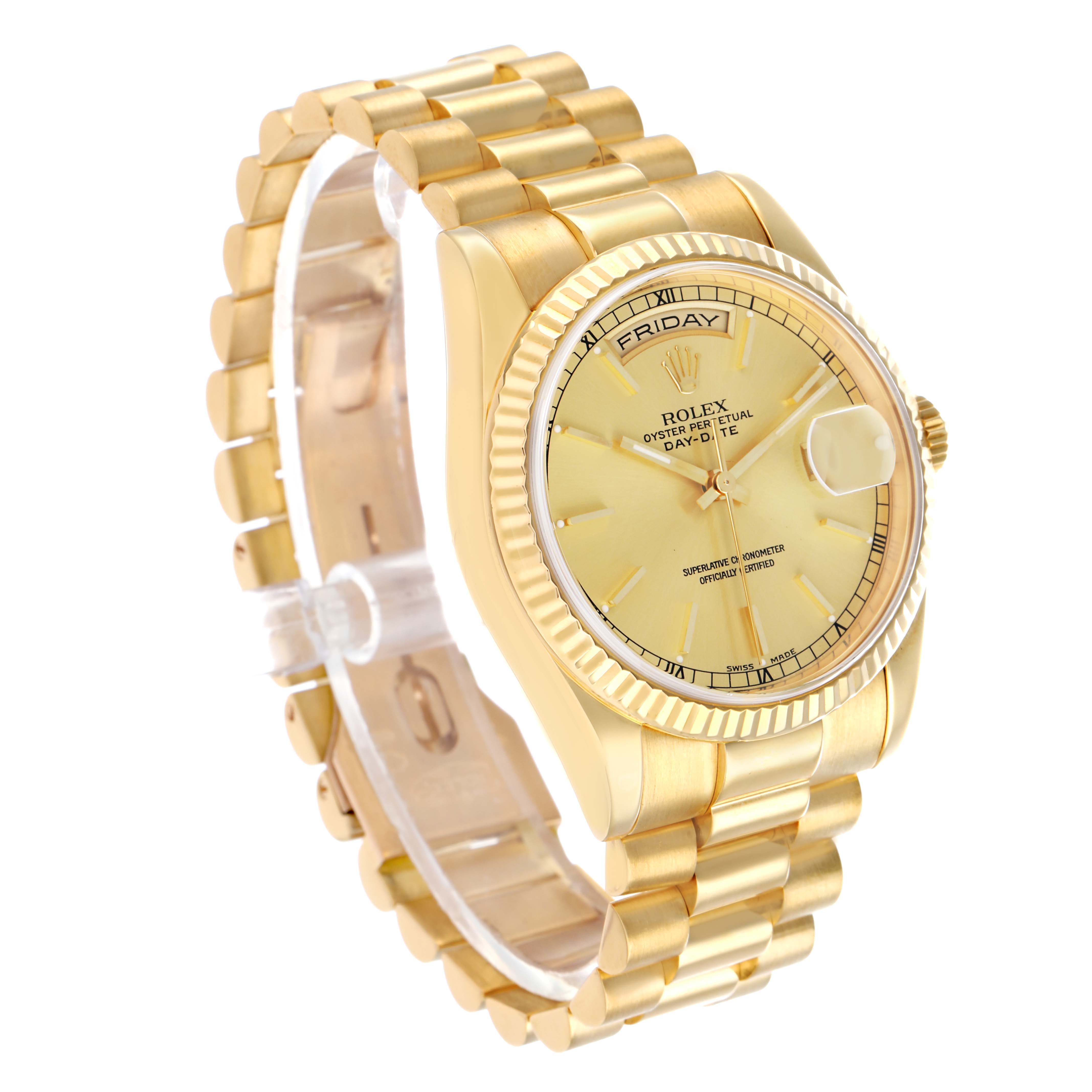 The Rolex President 118238 Men's Yellow Gold Champagne Dial watch is shown at a three-quarter angle, highlighting the face, bracelet, bezel, and cyclops lens.