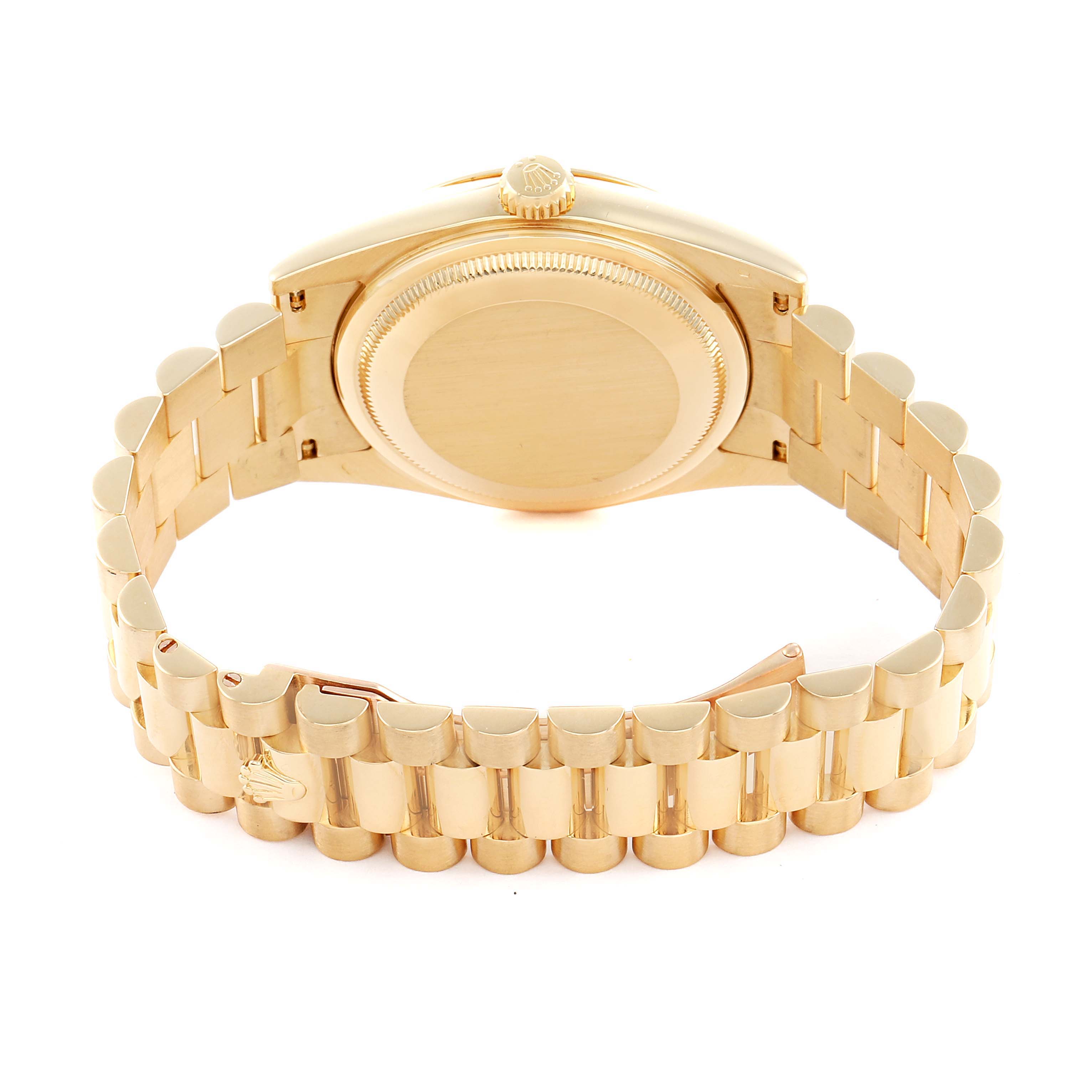 The Rolex President 118238 Men's Yellow Gold Champagne Dial model watch is shown from the back, highlighting the case back, crown, and bracelet.