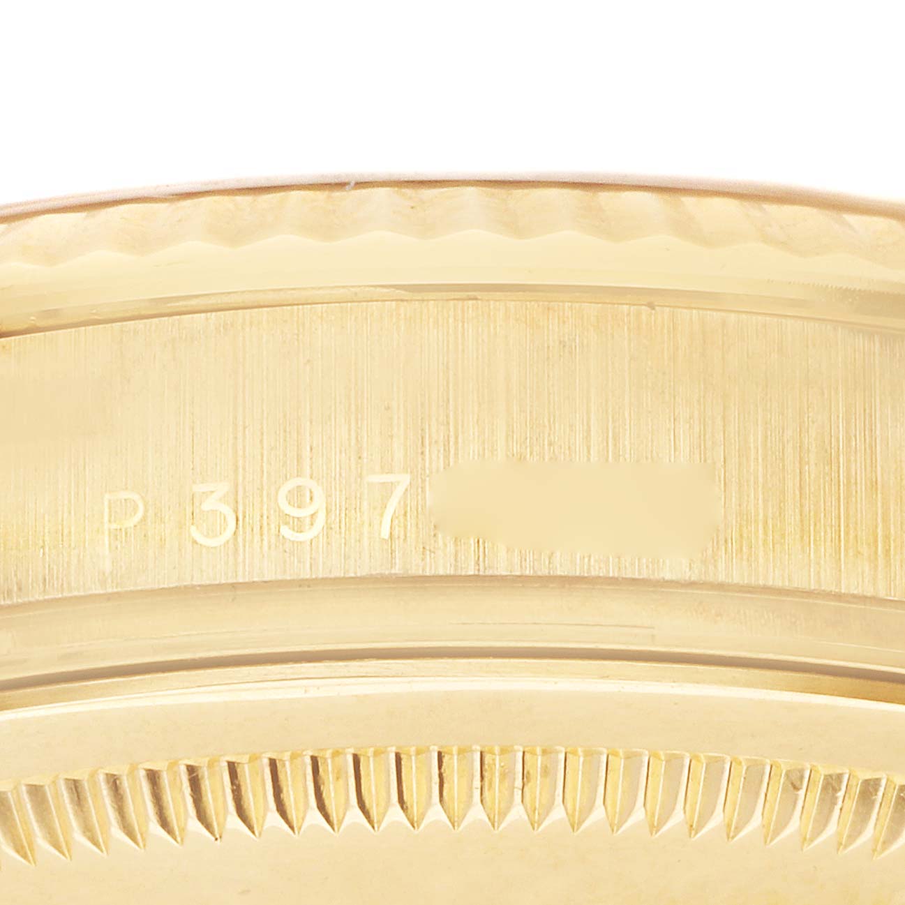 The image shows a close-up of the side of a Rolex President 118238 Men's Yellow Gold Champagne Dial watch, focusing on the case and serial number.