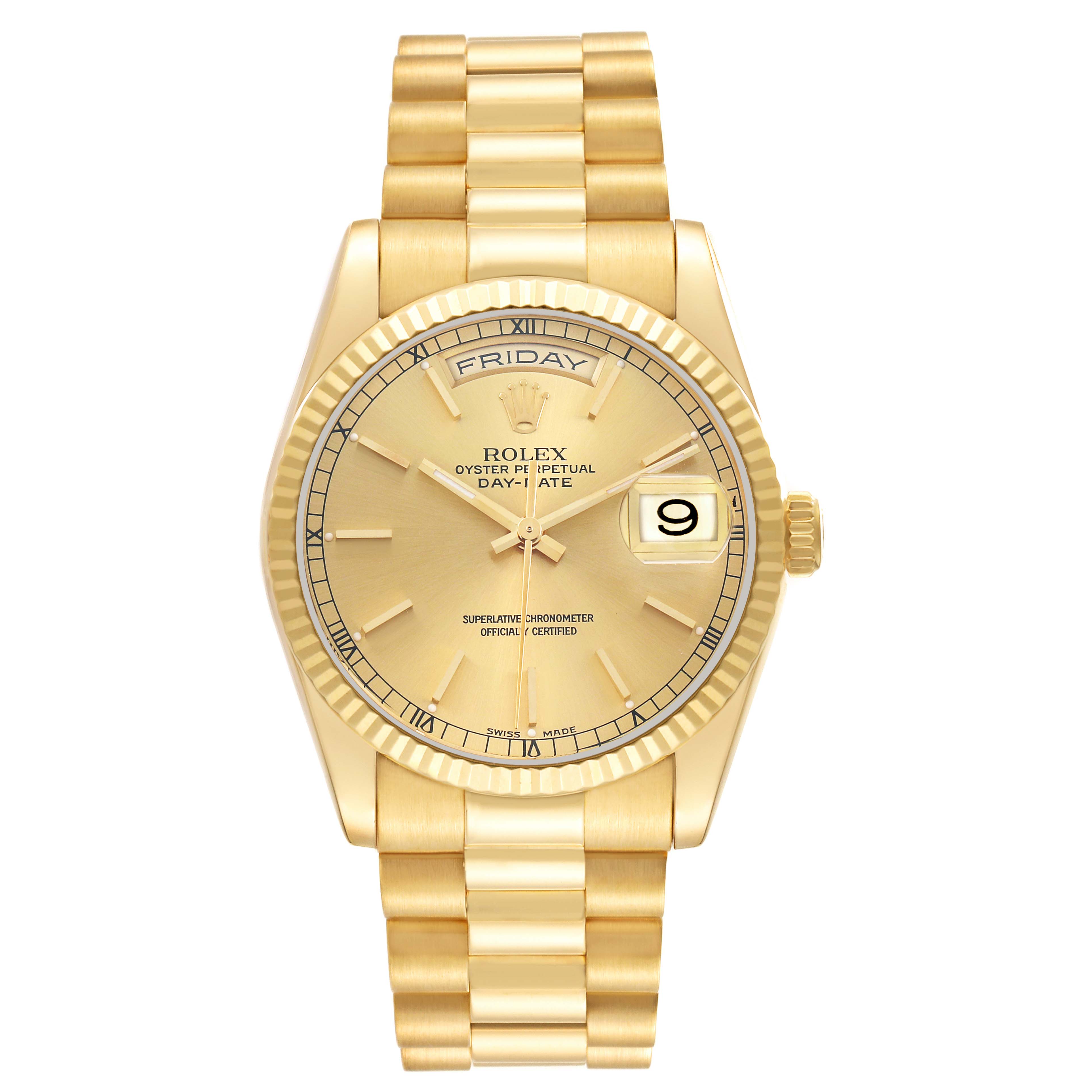 The Rolex President 118238 Men's Yellow Gold Champagne Dial model is shown from a top-down angle, displaying the full watch face, bracelet, and clasp.