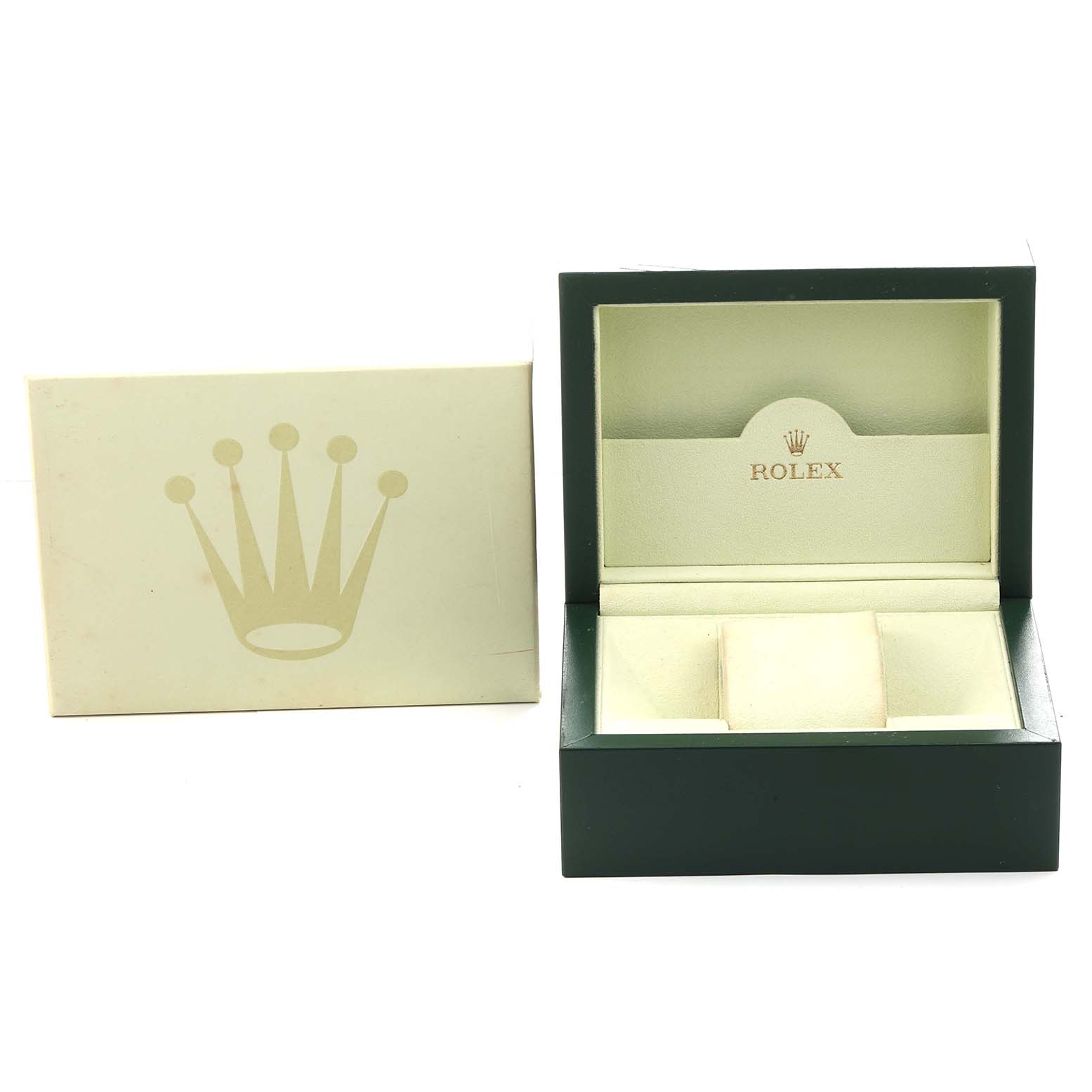 The image shows an open Rolex President 118238 Men's Yellow Gold Champagne Dial watch box and an outer box, both positioned from a frontal angle.